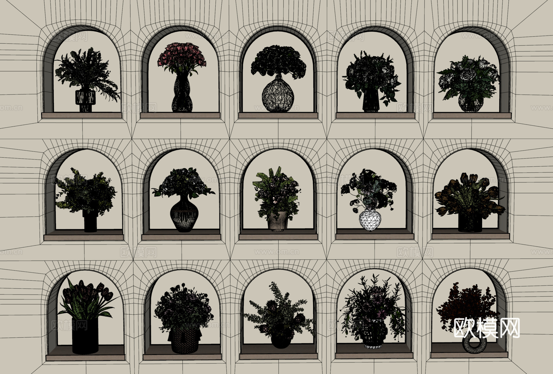 奶油风现代花卉su模型