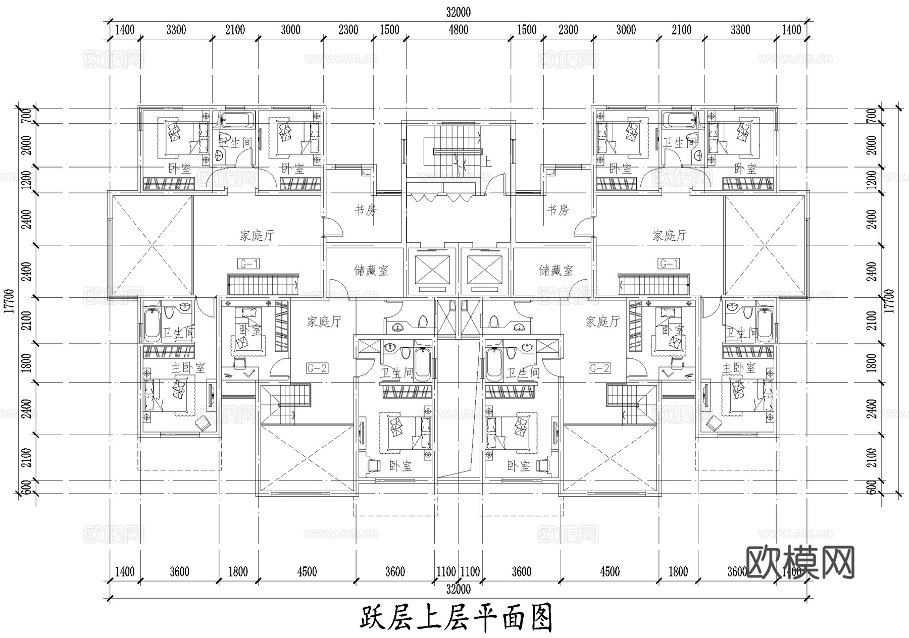 高层住宅楼 两梯四户两室两厅三室两厅 顶层跃层户型图 CADcad施工图