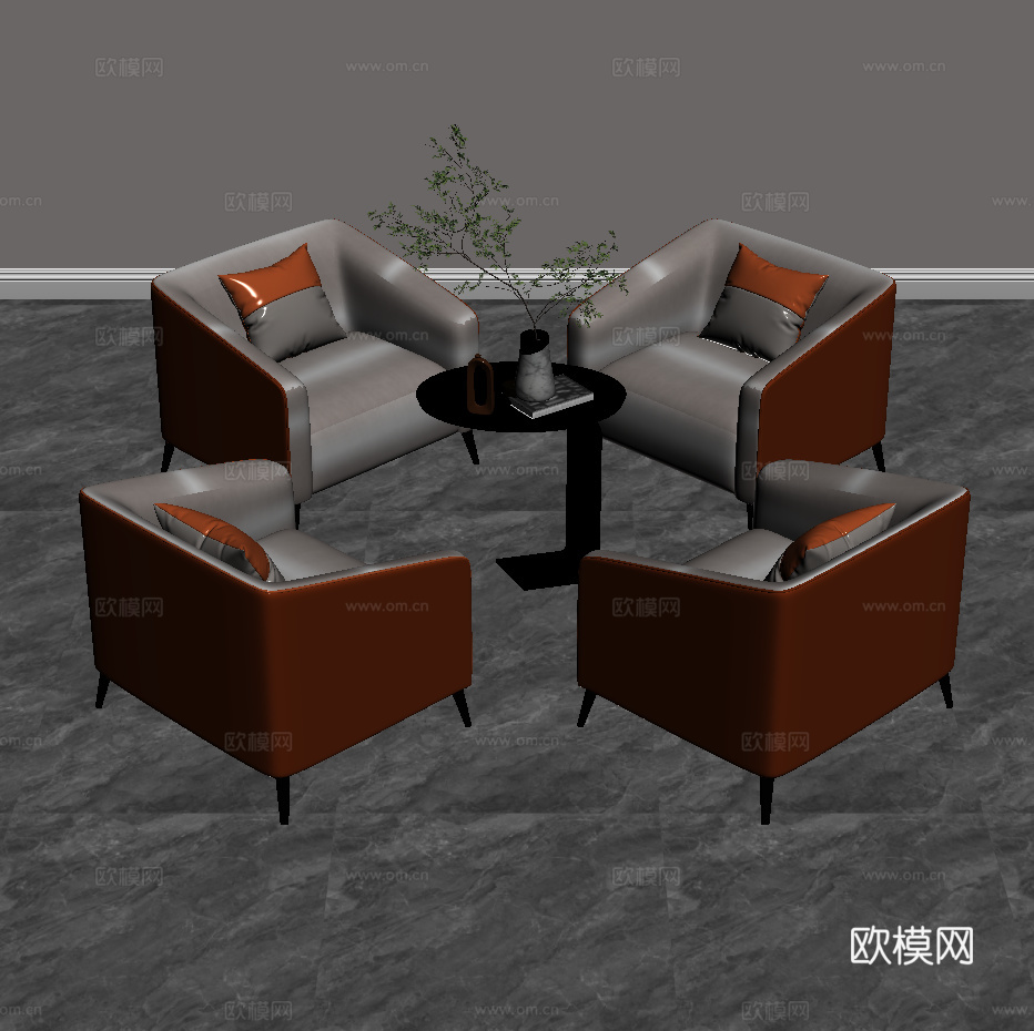 休闲桌椅组合 洽谈桌椅组合 洽谈沙发 餐桌椅 杂志 花瓶su模型