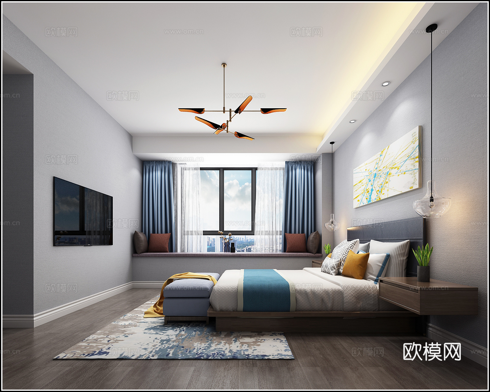现代主卧 吊灯 双人床 挂画 床尾凳 飘窗3d模型下载（渲染图1）