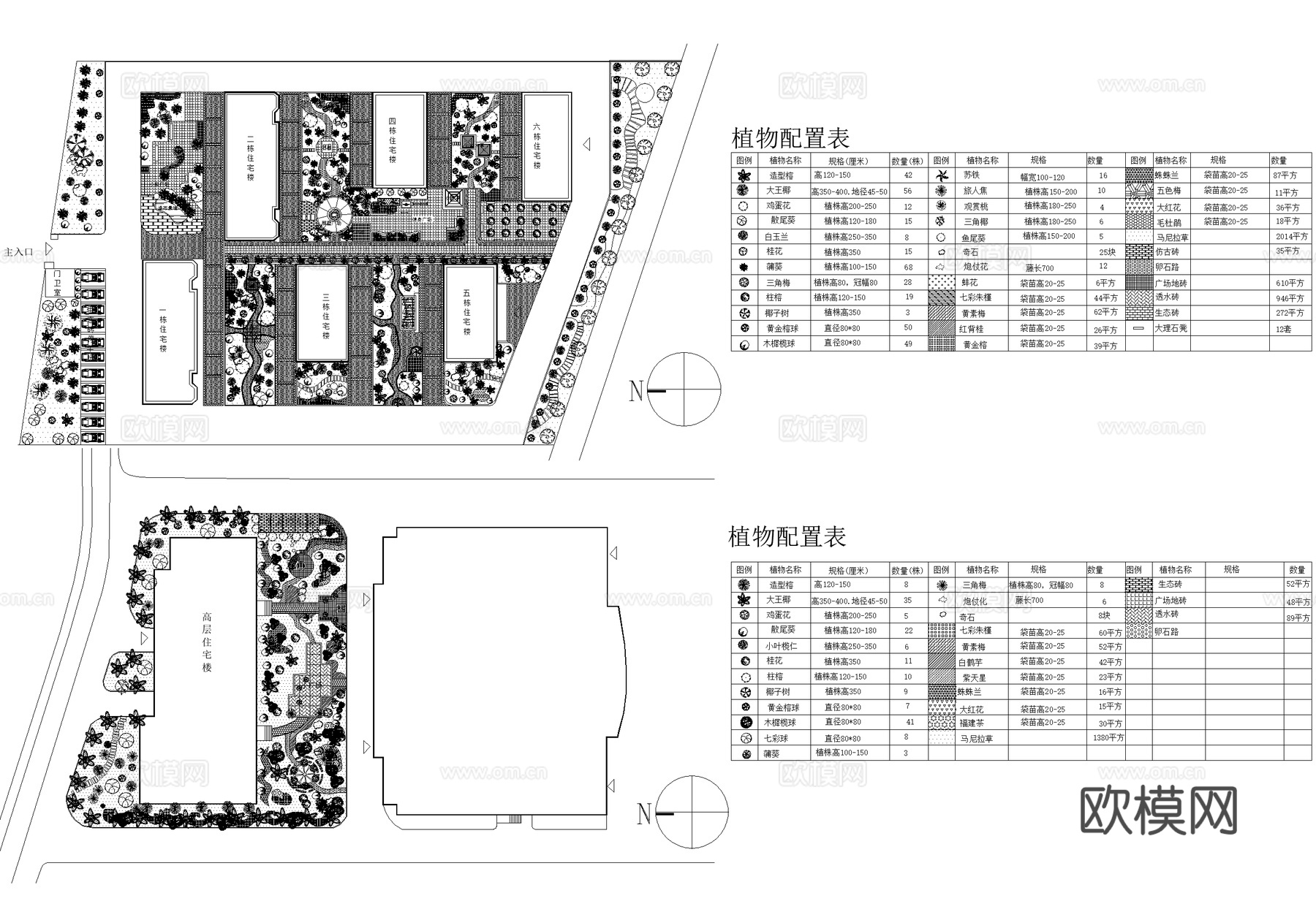 住宅小区居住区景观平面图 植物种植平面图 植物配置表 CADcad施工图