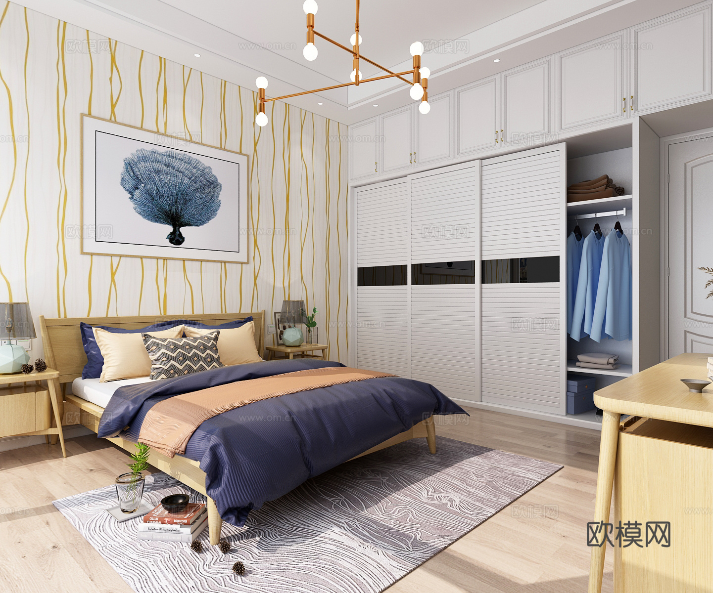 现代卧室阳台 吊灯 衣橱 双人床 挂画 装饰柜 沙发3d模型下载（渲染图1）