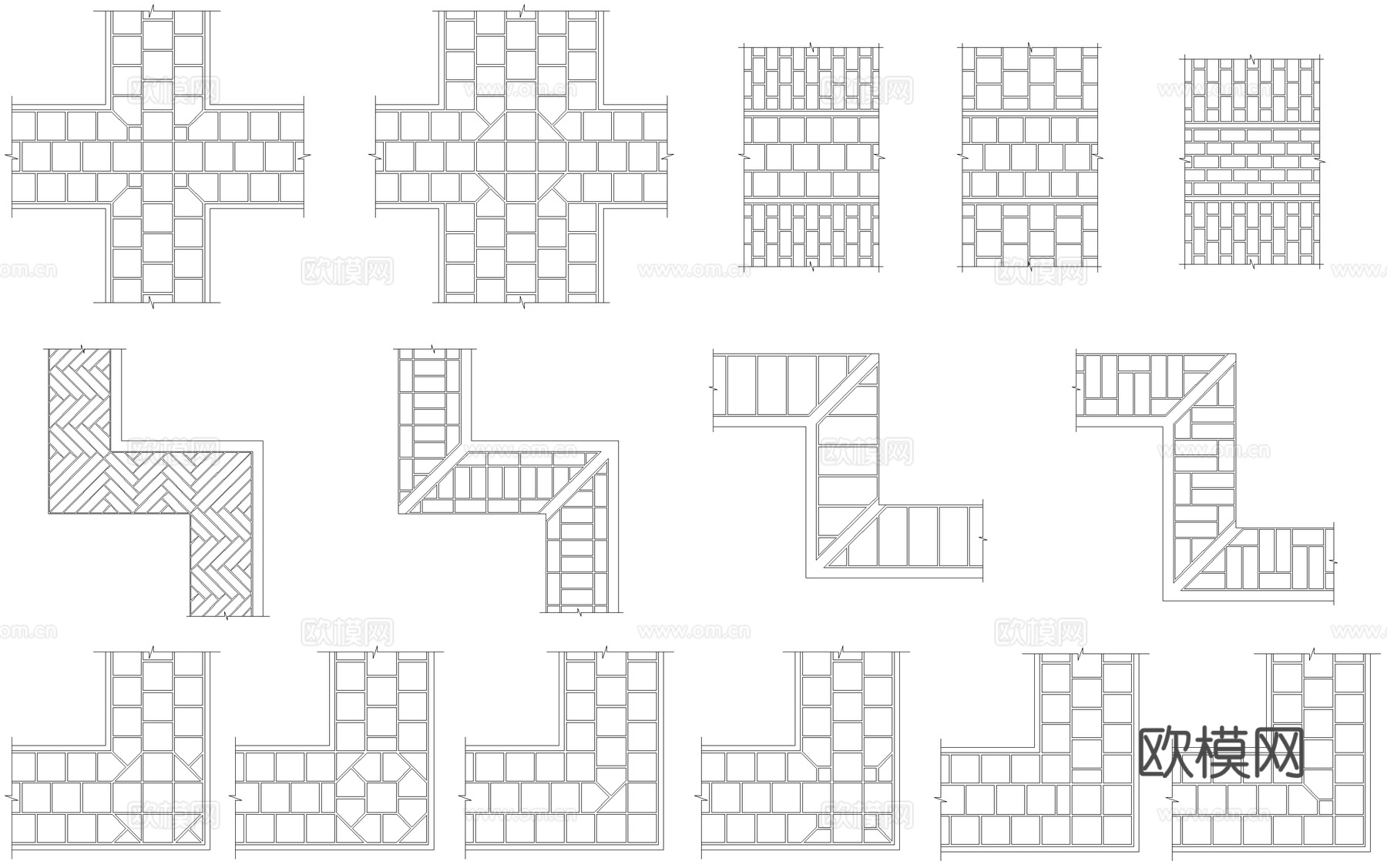 中式地面拼花铺装纹样图案样式方砖墁地人字纹十字缝转角交接cad施工图下载