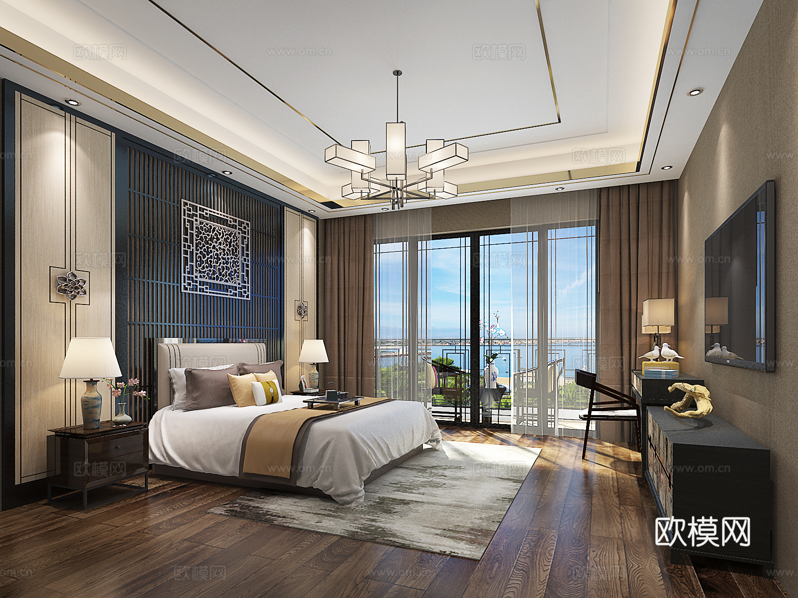 新中式卧室 吊灯 双人床 台灯 装饰柜 书桌椅3d模型下载（渲染图2）