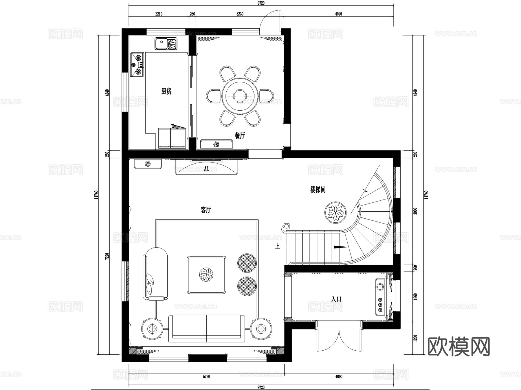 松潭村二层别墅室内家装CAD施工图cad施工图下载（渲染图3）