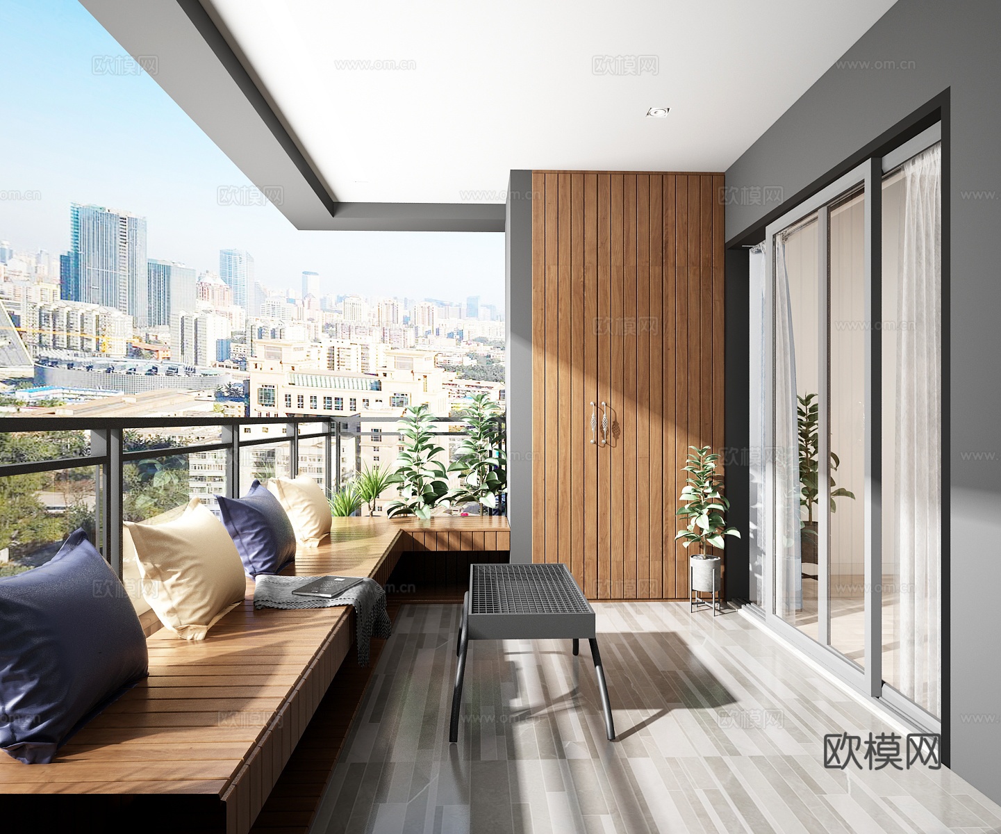 现代卧室阳台 吊灯 衣橱 双人床 挂画 装饰柜 沙发3d模型下载（渲染图3）