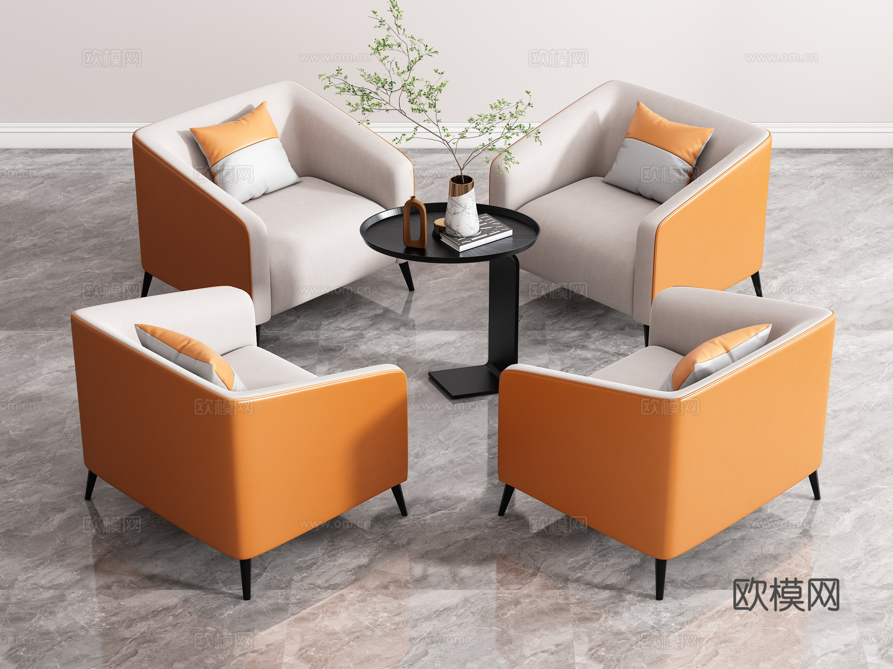 休闲桌椅组合 洽谈桌椅组合 洽谈沙发 餐桌椅 杂志 花瓶su模型
