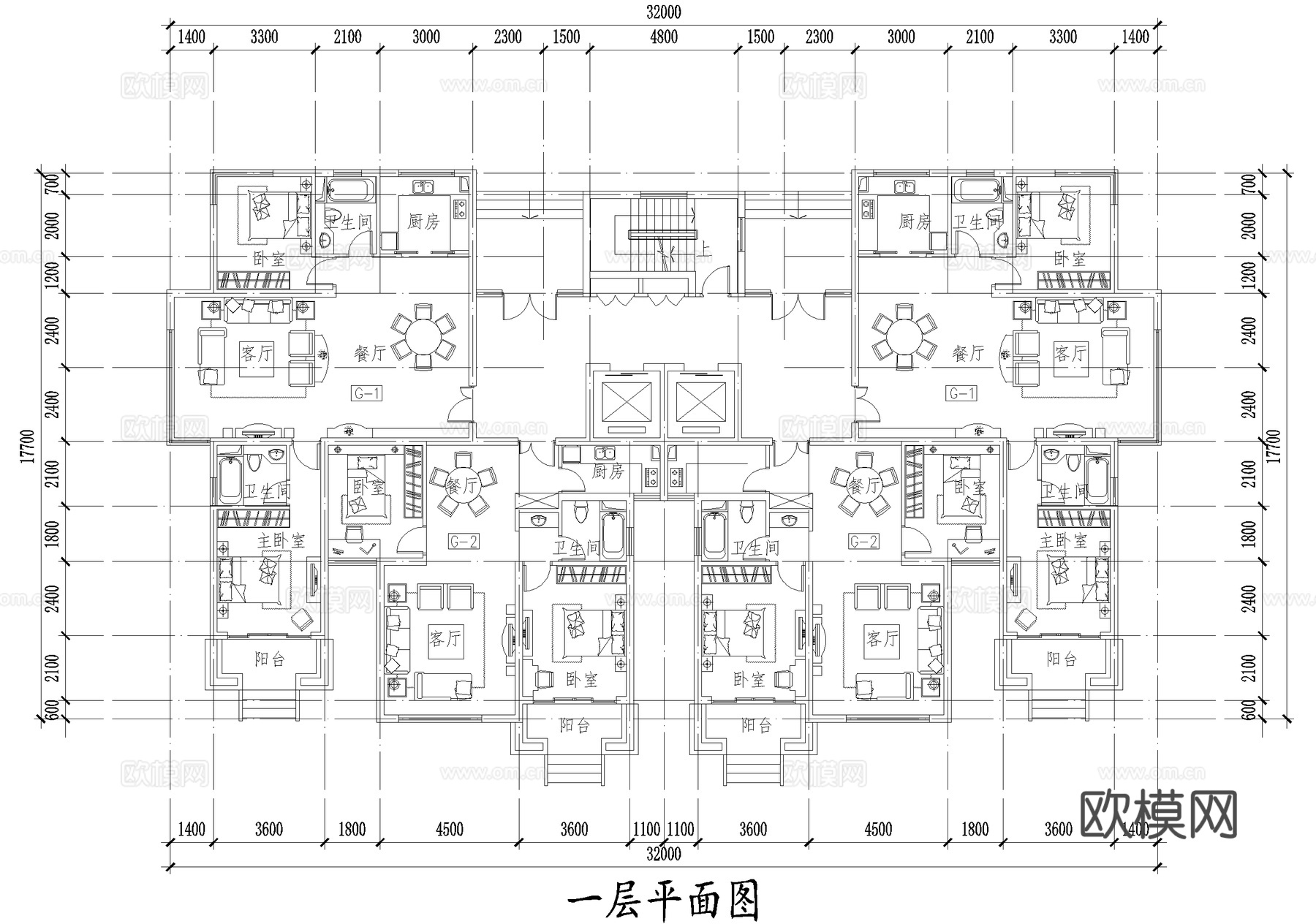 高层住宅楼 两梯四户两室两厅三室两厅 顶层跃层户型图 CADcad施工图