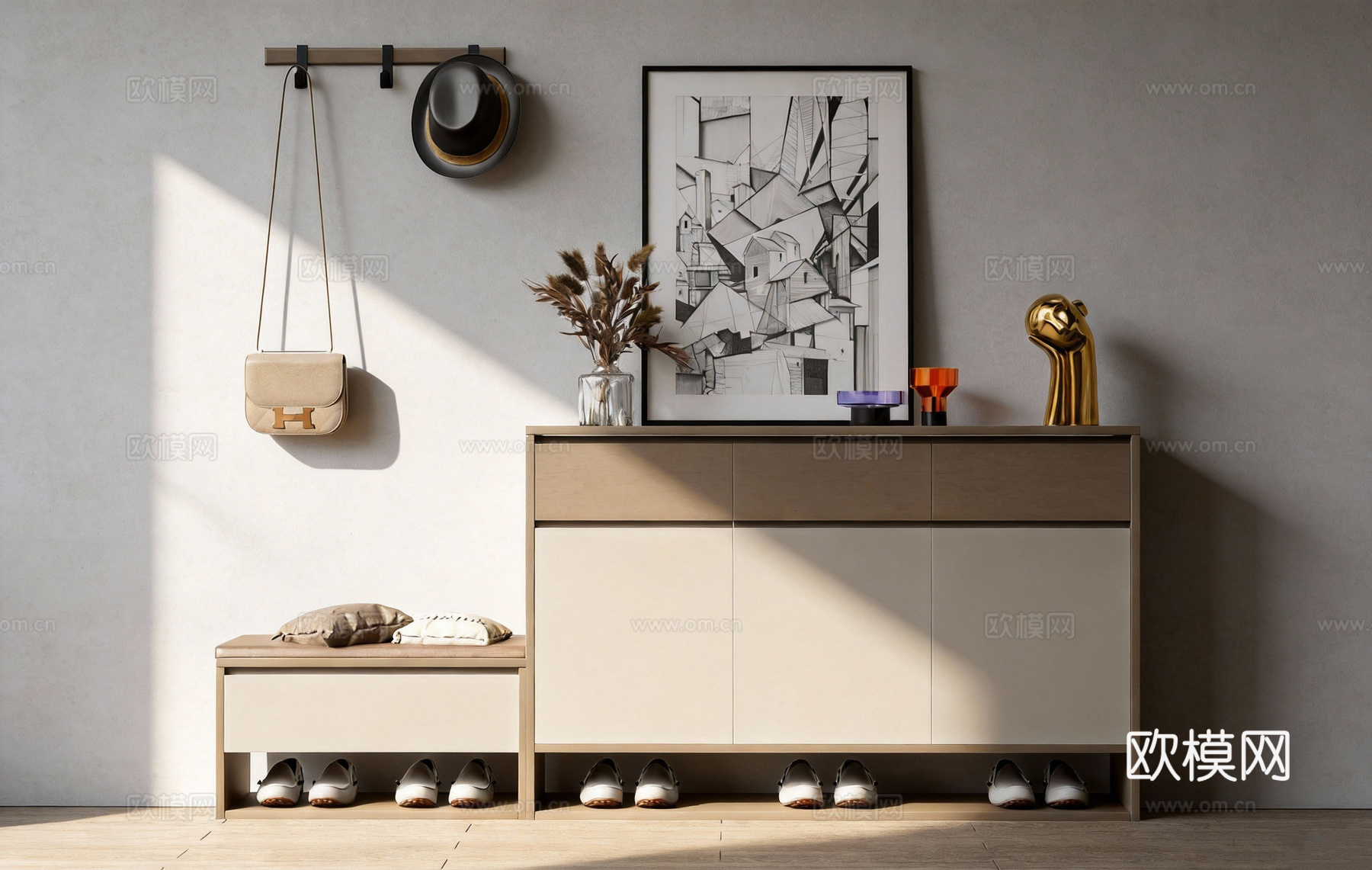 现代简约玄关柜 藤编鞋柜 换鞋凳 墙上挂钩 装饰画su模型