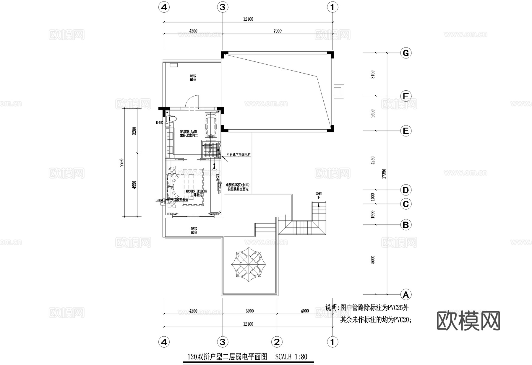 二层双拼别墅电气图弱电图照明插座平面图配电箱系统图CADcad施工图下载（渲染图7）