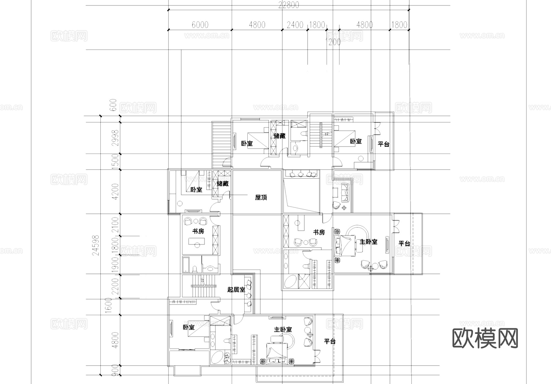 二层别墅带地下室室内家装平面CAD施工图cad施工图下载（渲染图2）