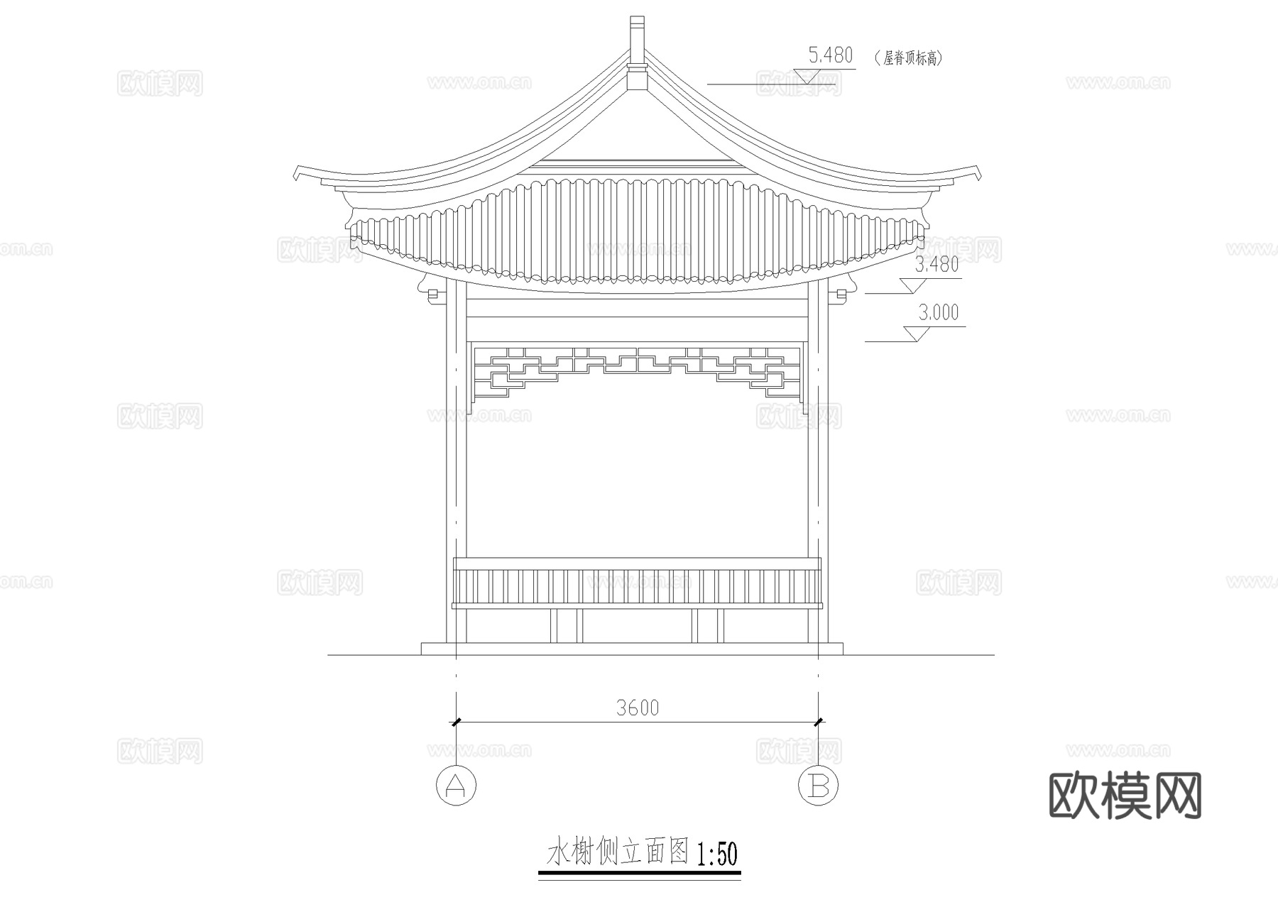水榭 仿古建筑 景观亭 四角亭 凉亭 CAD施工图cad施工图下载（渲染图4）