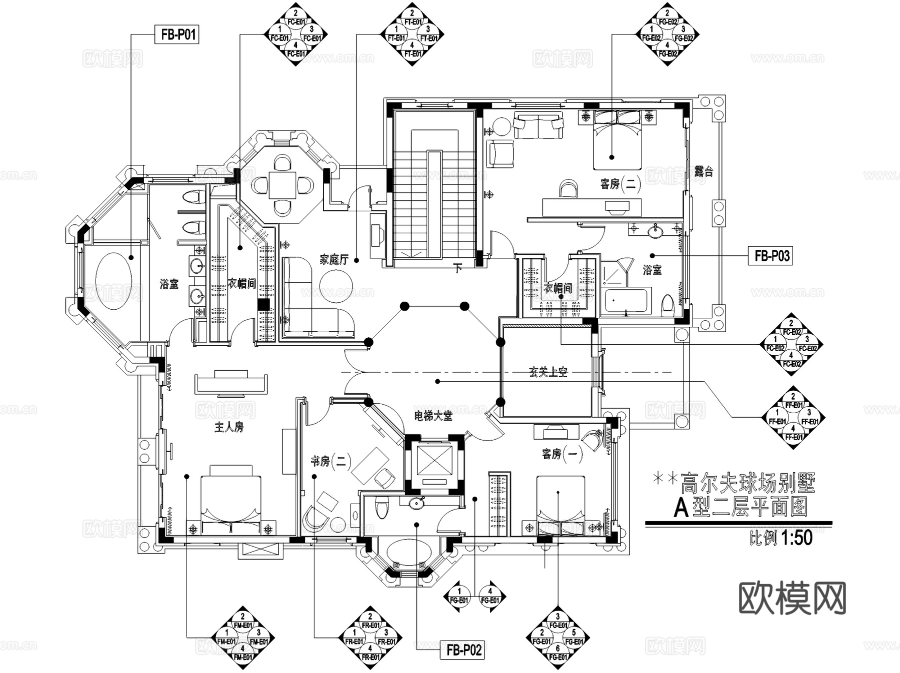 高尔夫球场A型二层别墅室内家装CAD施工图cad施工图