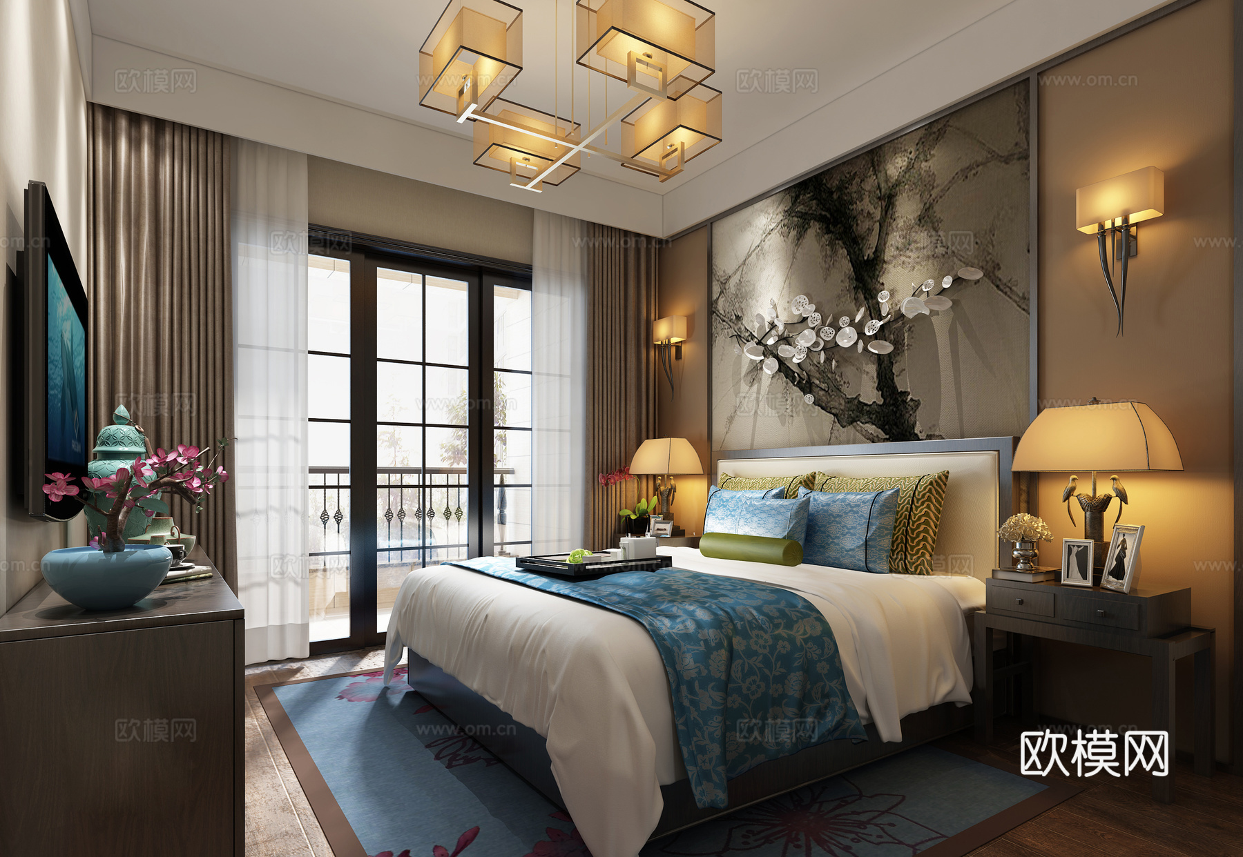 传统中式卧室 吊灯 双人床 壁灯 台灯 装饰柜3d模型下载（渲染图2）