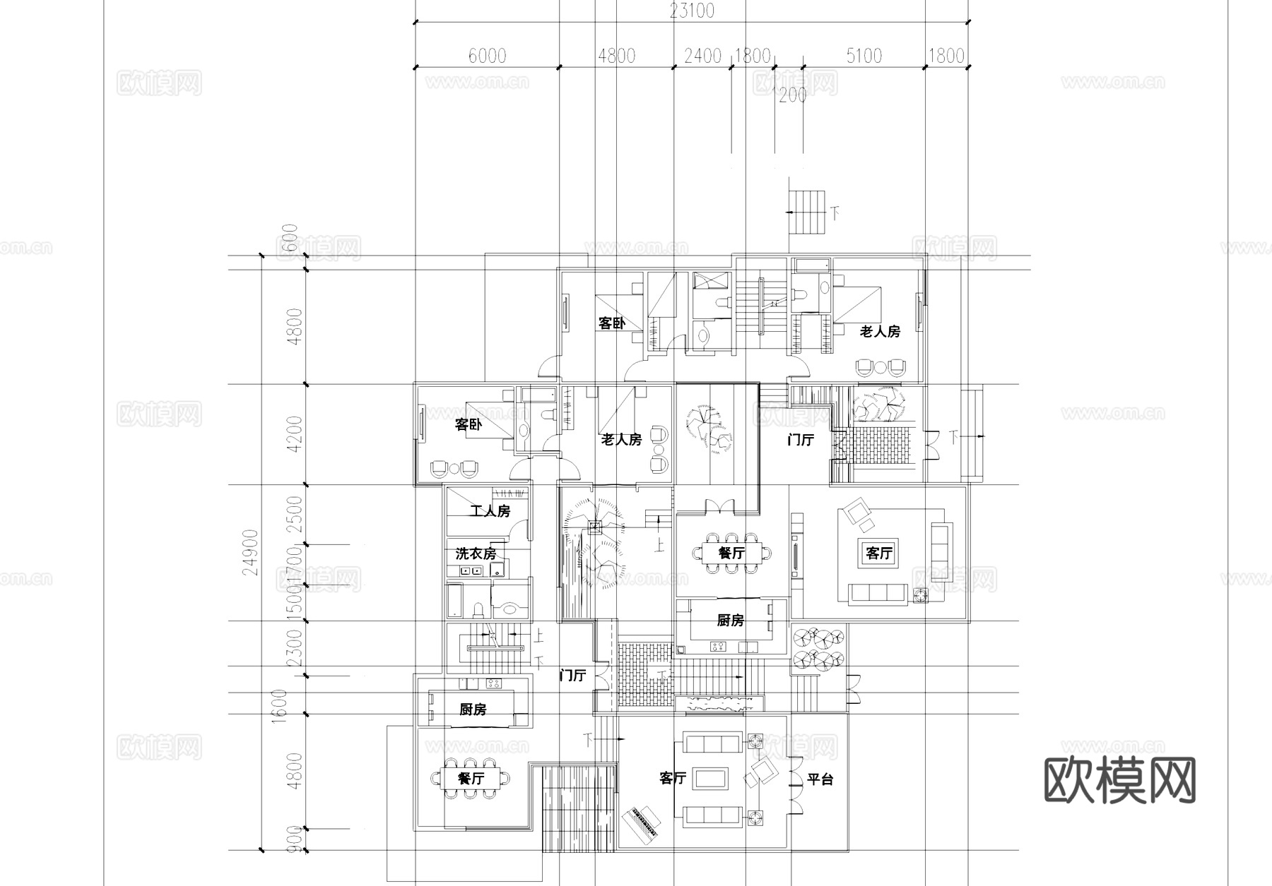 二层别墅带地下室室内家装平面CAD施工图cad施工图下载（渲染图1）