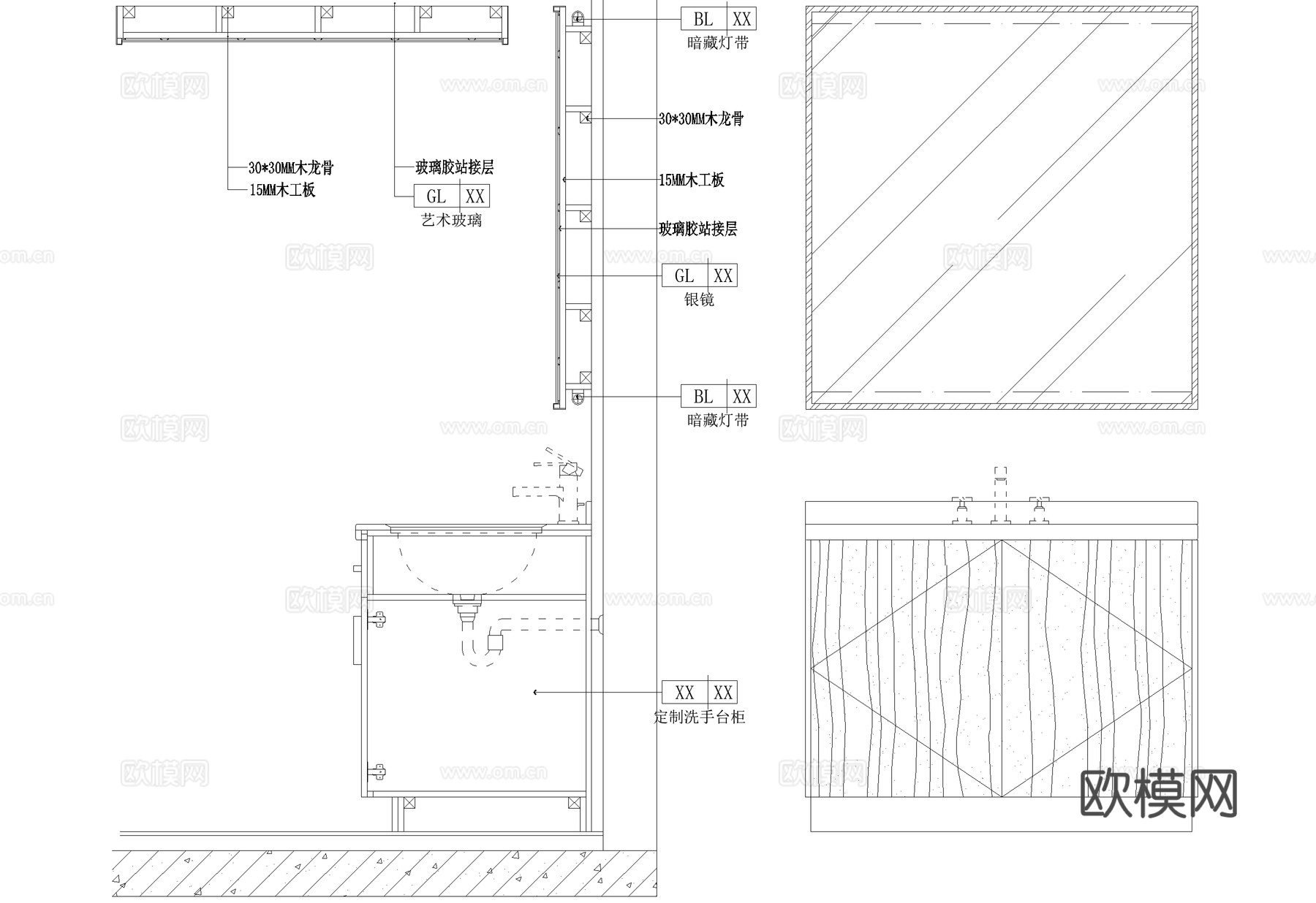洗手台洗手池洗手盆浴缸大样镜子卫生间节点CADcad施工图下载（渲染图2）