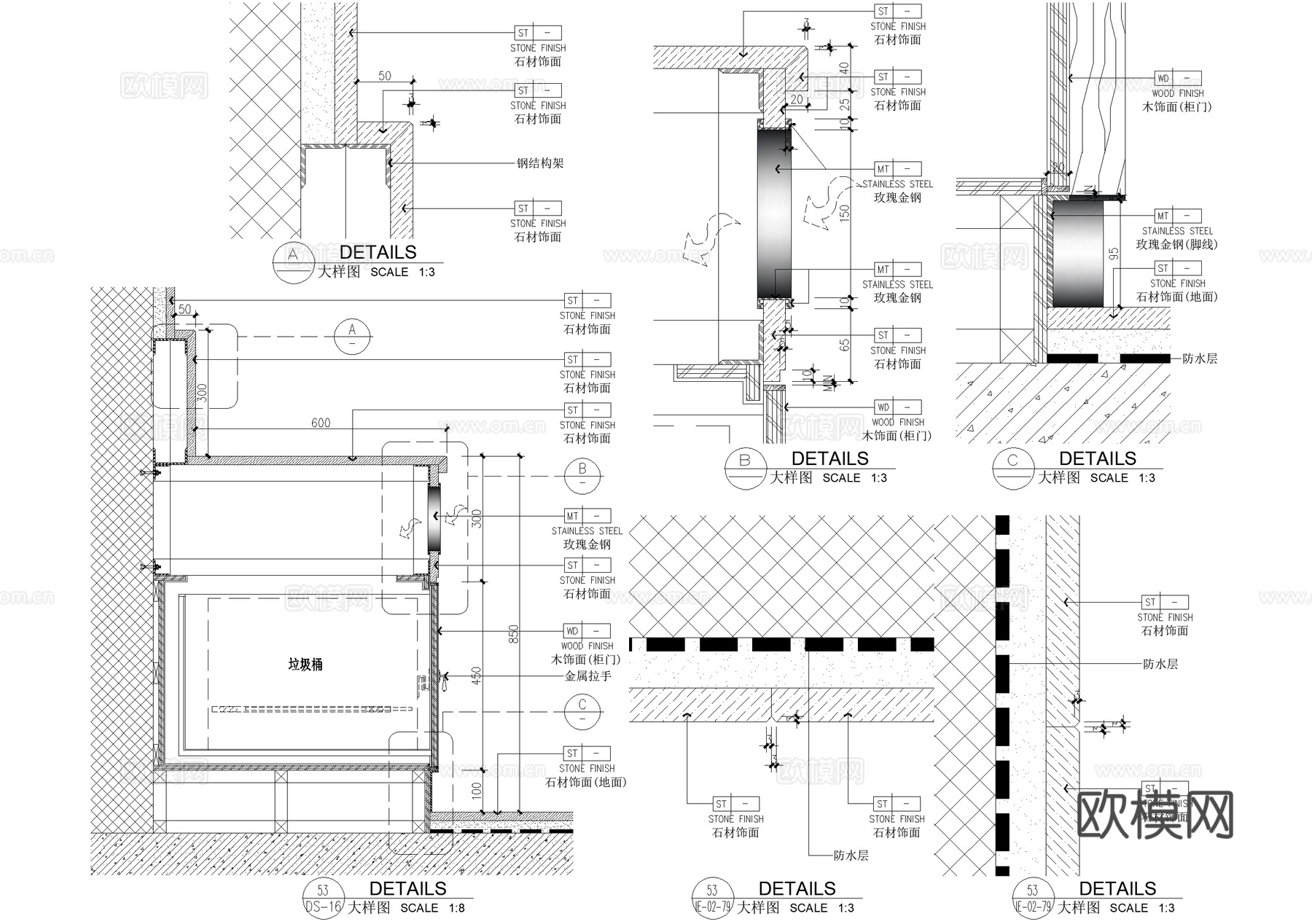 洗手台卫生间节点隔断洗手池洗手盆柜子小便器隔板CADcad施工图下载（渲染图2）