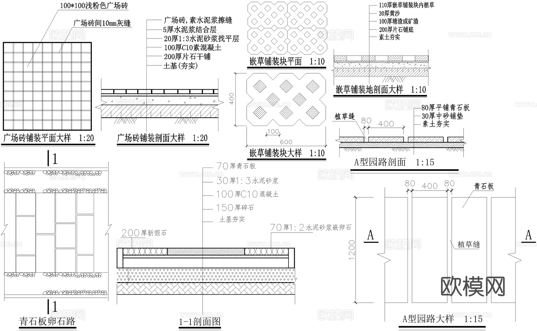广场铺装 嵌草铺装 青石板卵石路 园路 铺地 CAD施工图cad施工图下载（渲染图1）