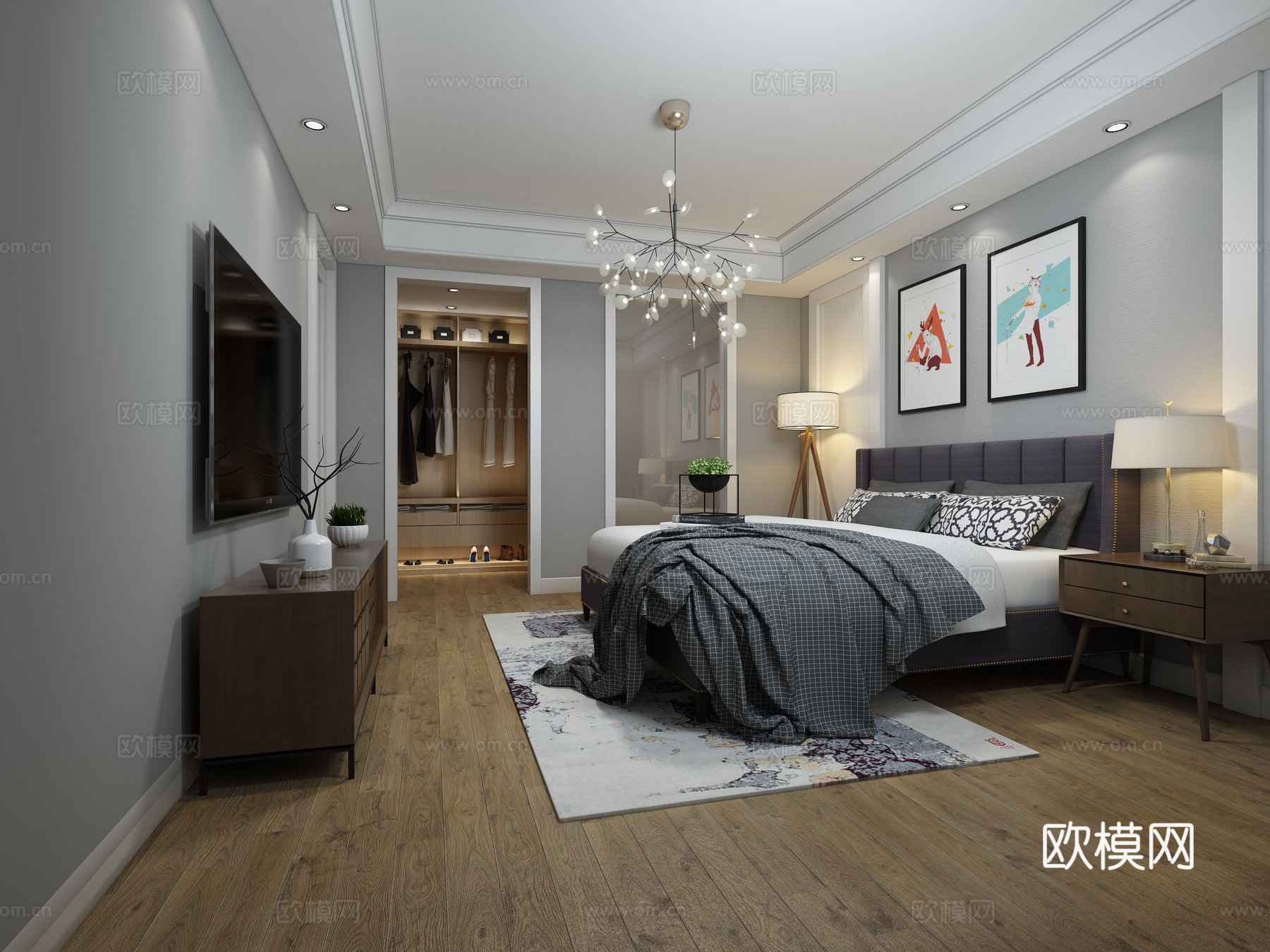 美式简约卧室 吊灯 落地灯 双人床 台灯 挂画 装饰柜3d模型下载（渲染图2）