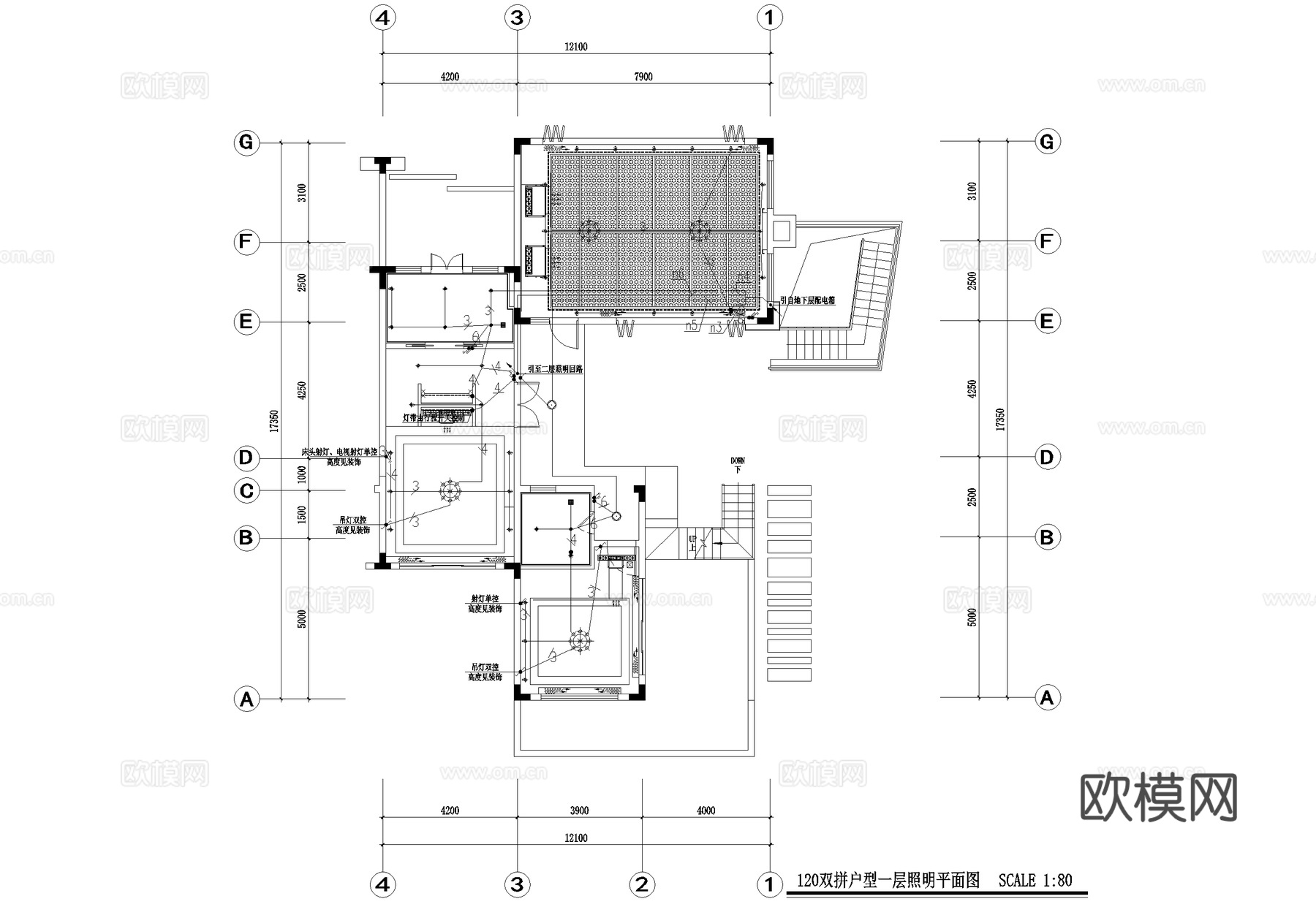 二层双拼别墅电气图弱电图照明插座平面图配电箱系统图CADcad施工图下载（渲染图2）