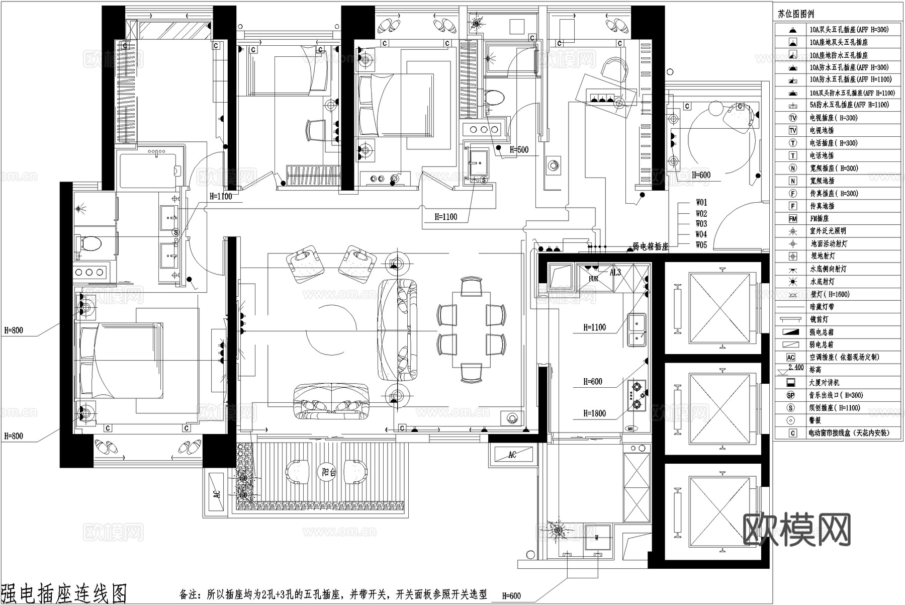 住宅家装电路图弱电图强电图系统图照明灯具插座空调平面图cad施工图下载（渲染图1）