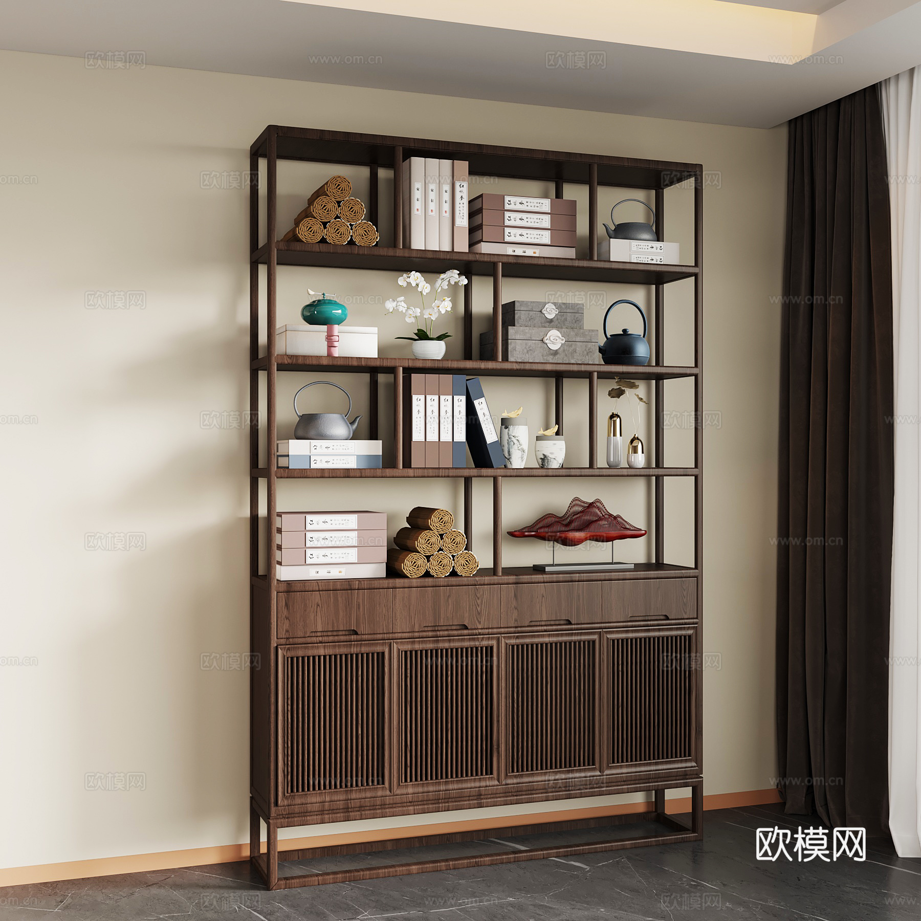 新中式博古架 书架su模型