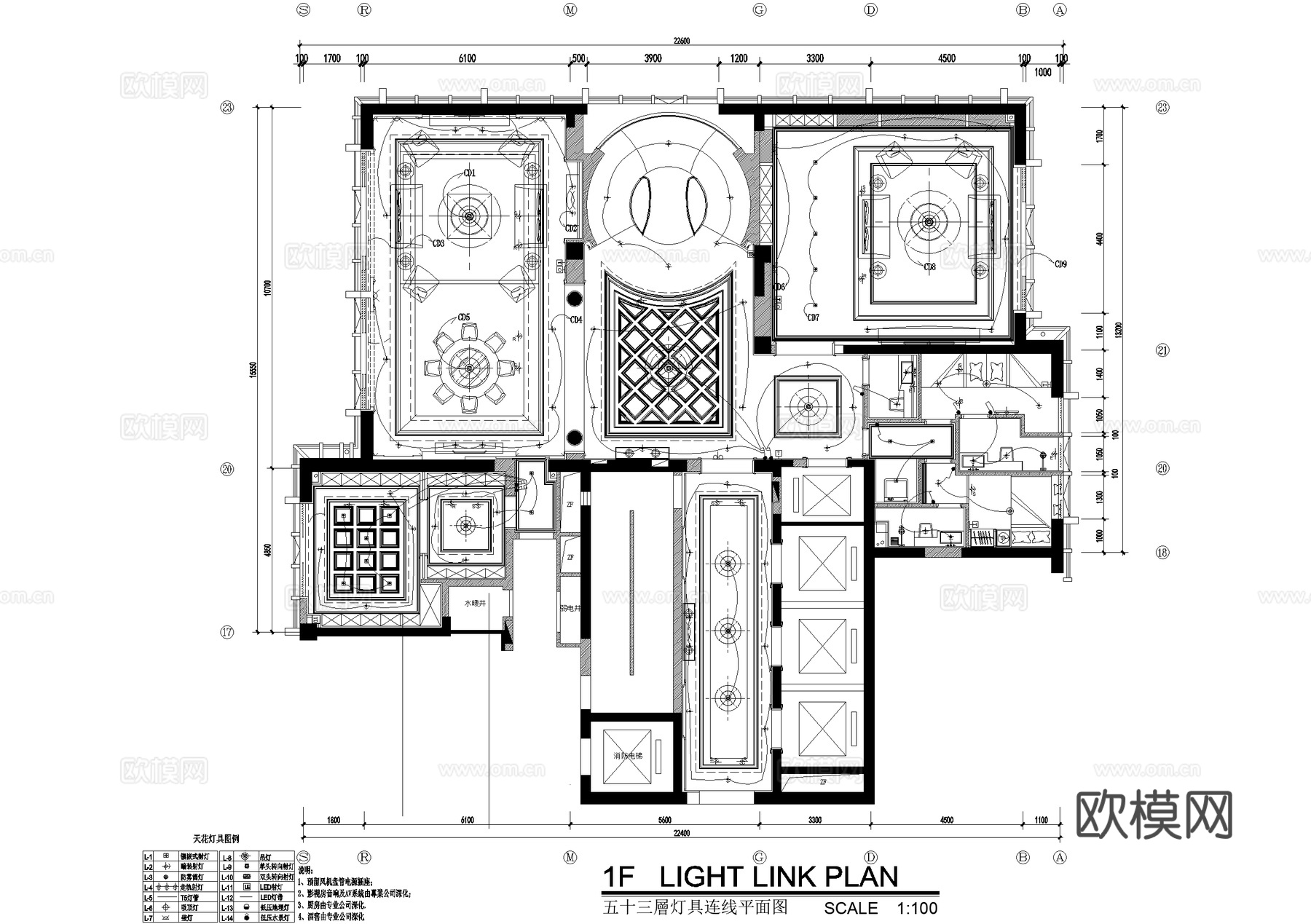 别墅室内家装首层平面 机电平面布置图 灯具插座连线图 CADcad施工图下载（渲染图1）