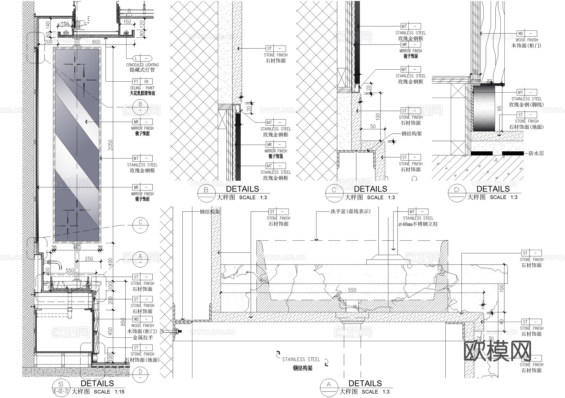 洗手台卫生间节点隔断洗手池洗手盆柜子小便器隔板CADcad施工图下载（渲染图1）