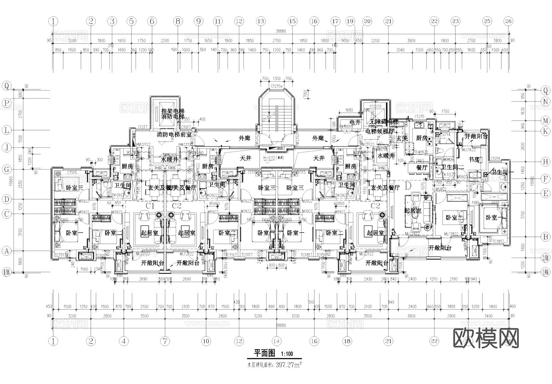 户型图 两梯四户 两梯两户 三室两厅 平层平面图 CADcad施工图下载（渲染图1）