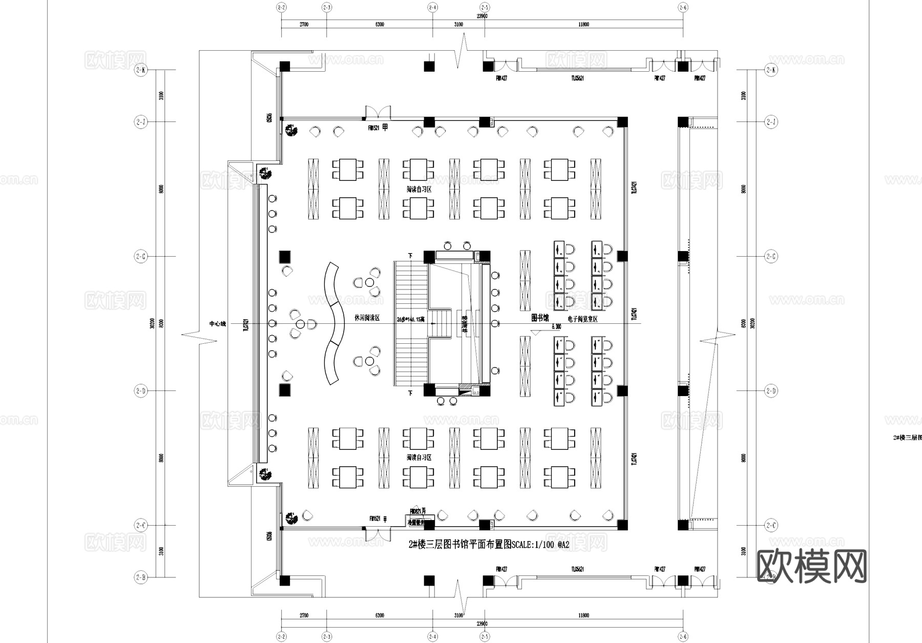 二层图书馆室内工装CAD施工图cad施工图下载（渲染图2）
