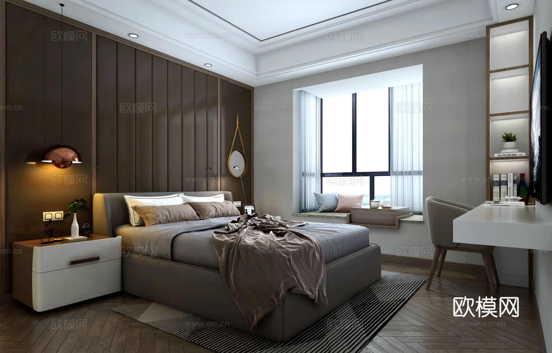 现代主卧室 台灯 双人床 书桌椅3d模型下载（渲染图2）