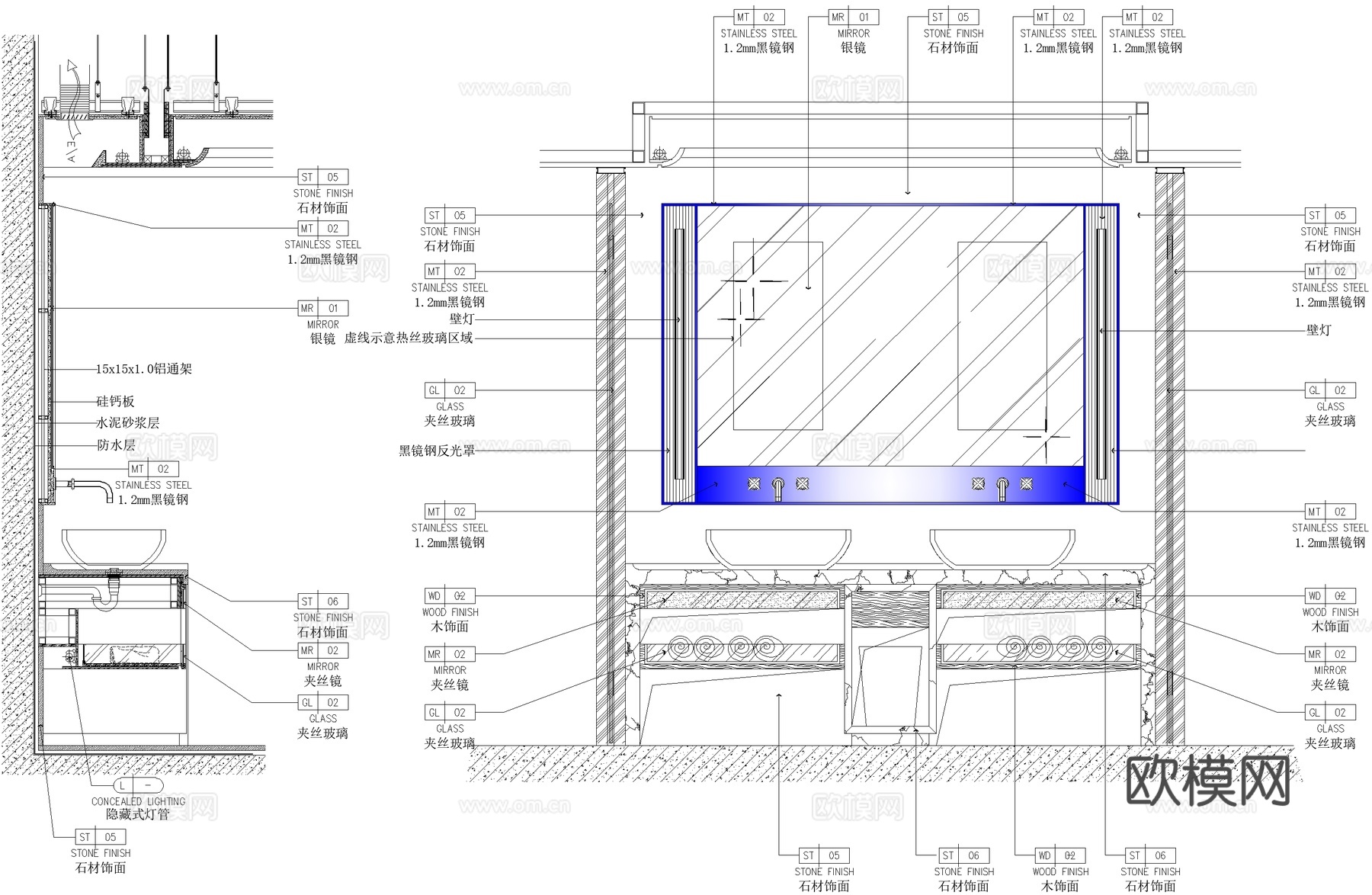洗手台洗手池洗手盆浴缸大样镜子卫生间节点CADcad施工图下载（渲染图1）