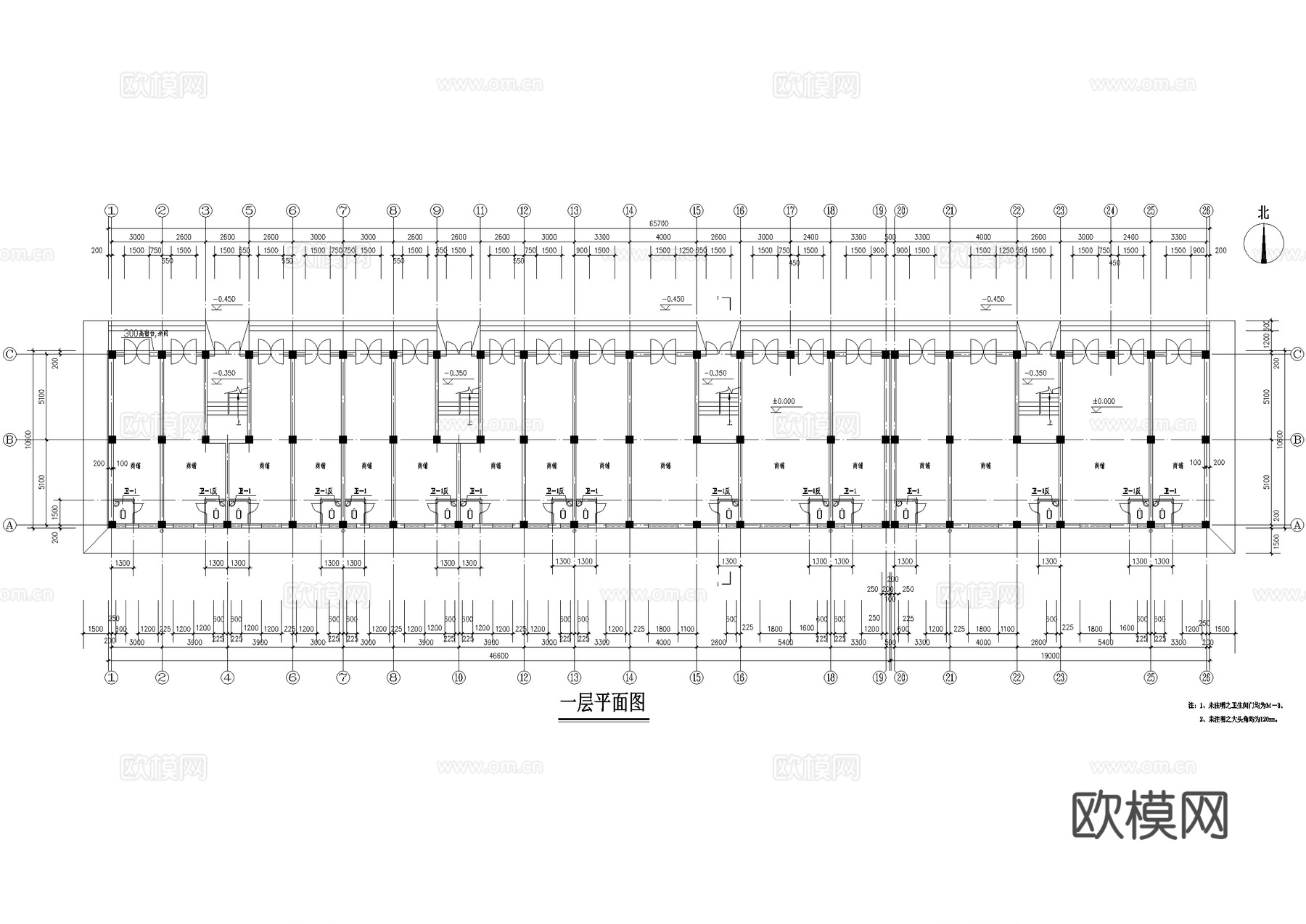 住宅楼多层家属楼建筑 底层商铺步梯 一梯两户三室两厅两室两厅cad施工图
