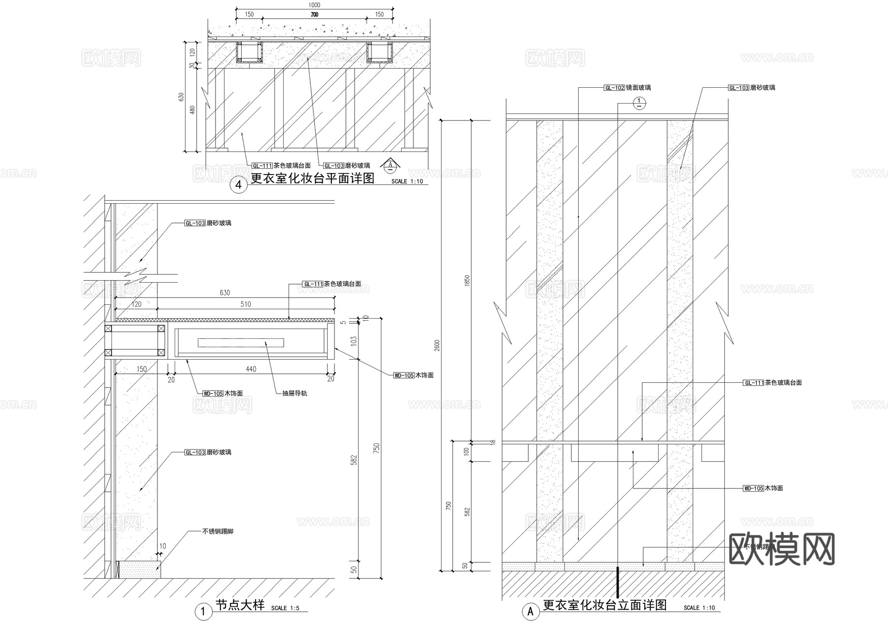 更衣室 淋浴房 洗手台节点 马桶化妆台衣柜 卫生间节点CADcad施工图下载（渲染图4）