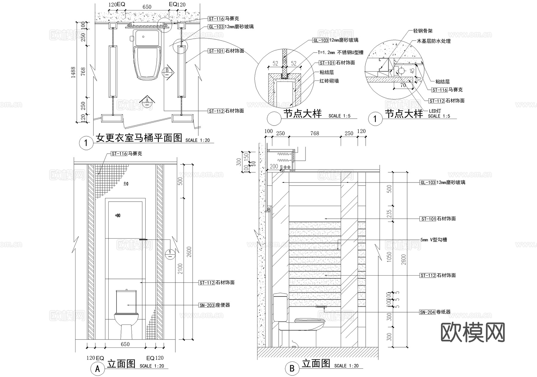 更衣室 淋浴房 洗手台节点 马桶化妆台衣柜 卫生间节点CADcad施工图下载（渲染图2）