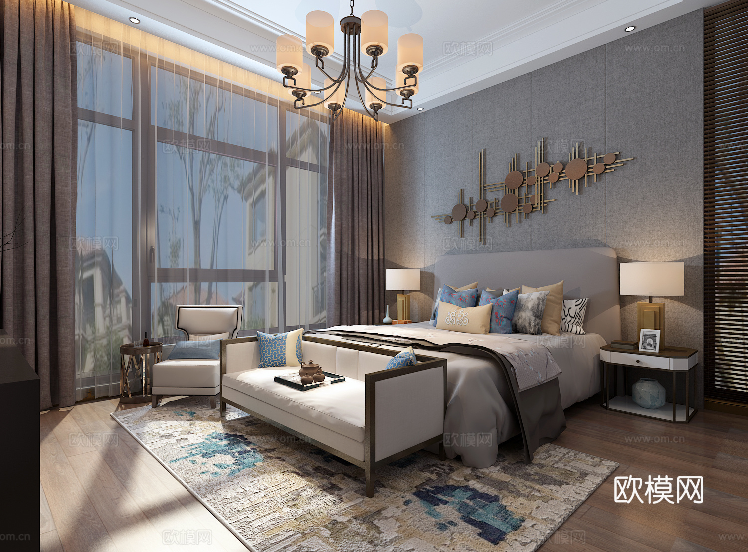 新中式卧室 吊灯 双人床 台灯 装饰柜 床尾凳 单人沙发3d模型下载（渲染图1）