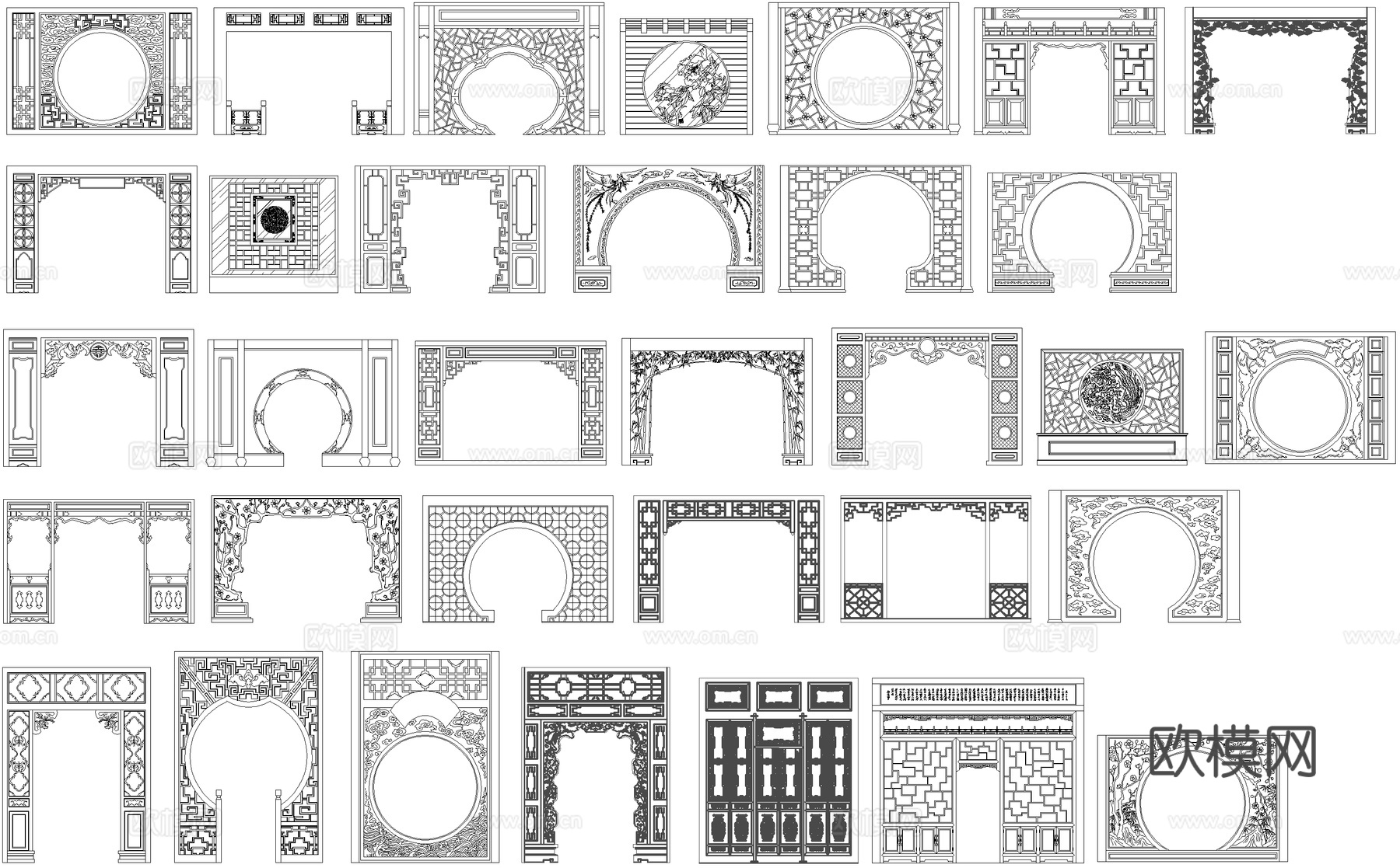 中式屏风隔断月洞式门罩雕花围屏门围子花格纹样围栏CADcad施工图下载