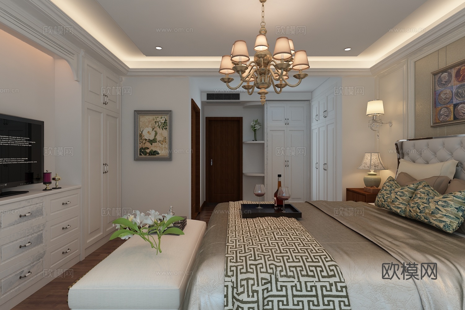 现代卧室 吊灯 壁灯 台灯 双人床 床尾凳 装饰柜 摆件3d模型下载（渲染图1）
