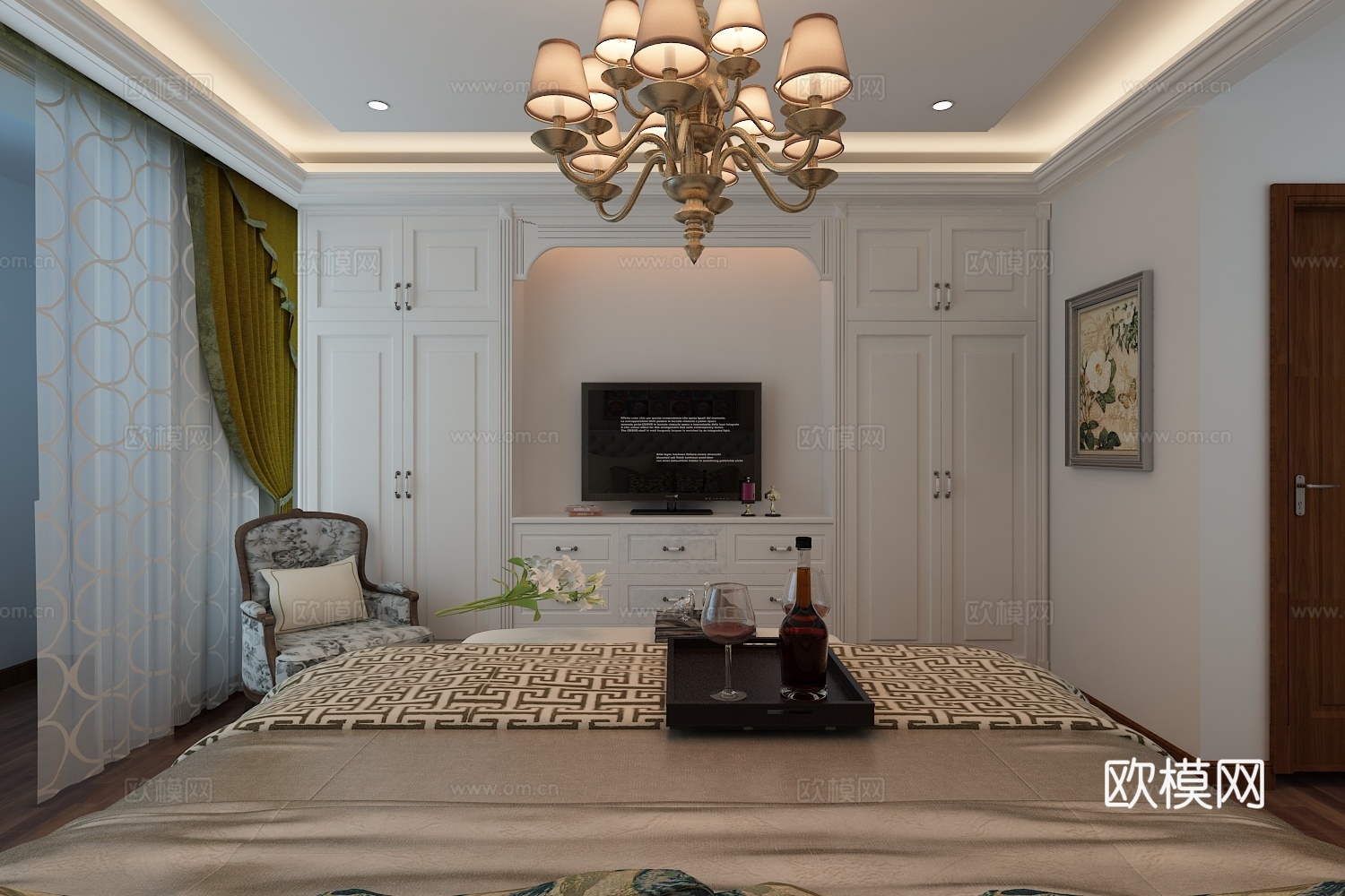 现代卧室 吊灯 壁灯 台灯 双人床 床尾凳 装饰柜 摆件3d模型下载（渲染图3）