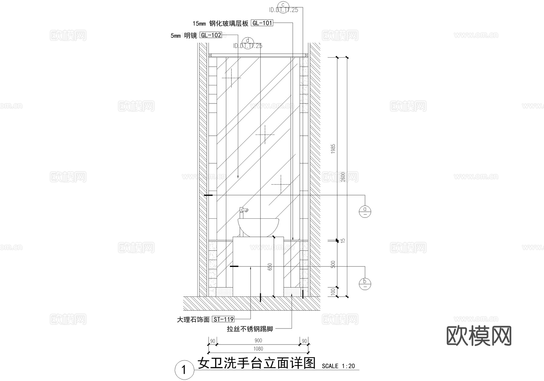 洗手台节点 洗手池洗手盆 卫生间节点 CAD施工图cad施工图下载（渲染图6）