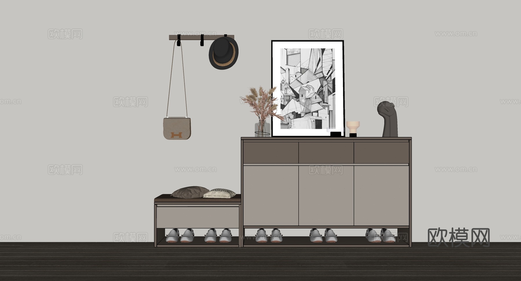 现代简约玄关柜 藤编鞋柜 换鞋凳 墙上挂钩 装饰画su模型