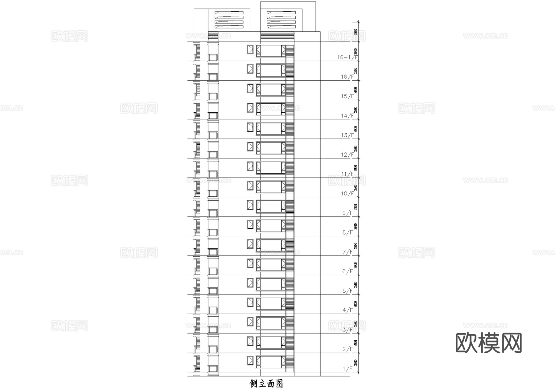 高层住宅楼 两梯四户两室两厅三室两厅 顶层跃层户型图 CADcad施工图