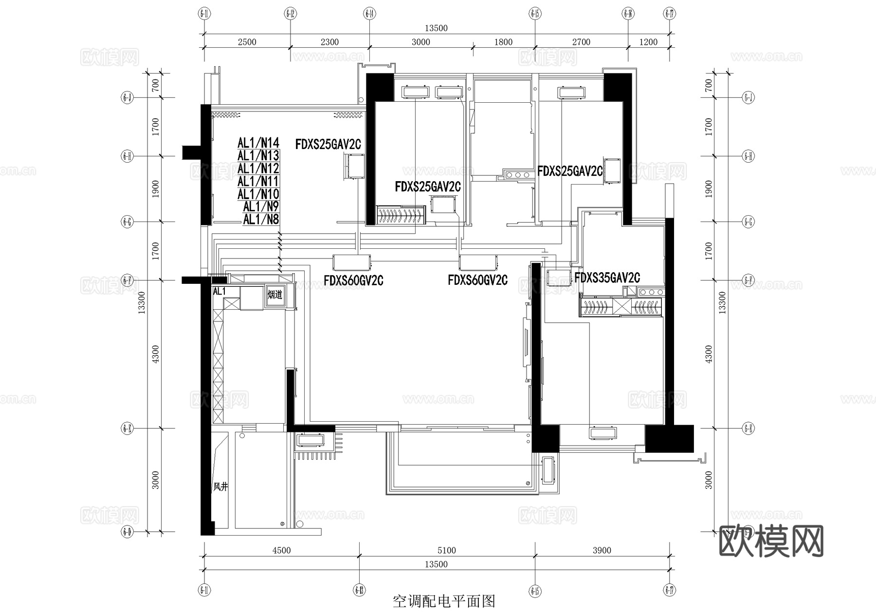 平层家装电气图弱电图系统图照明插座布置图空调配电平面图cad施工图下载（渲染图4）