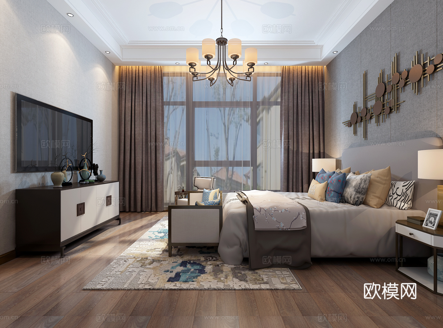 新中式卧室 吊灯 双人床 台灯 装饰柜 床尾凳 单人沙发3d模型下载（渲染图2）