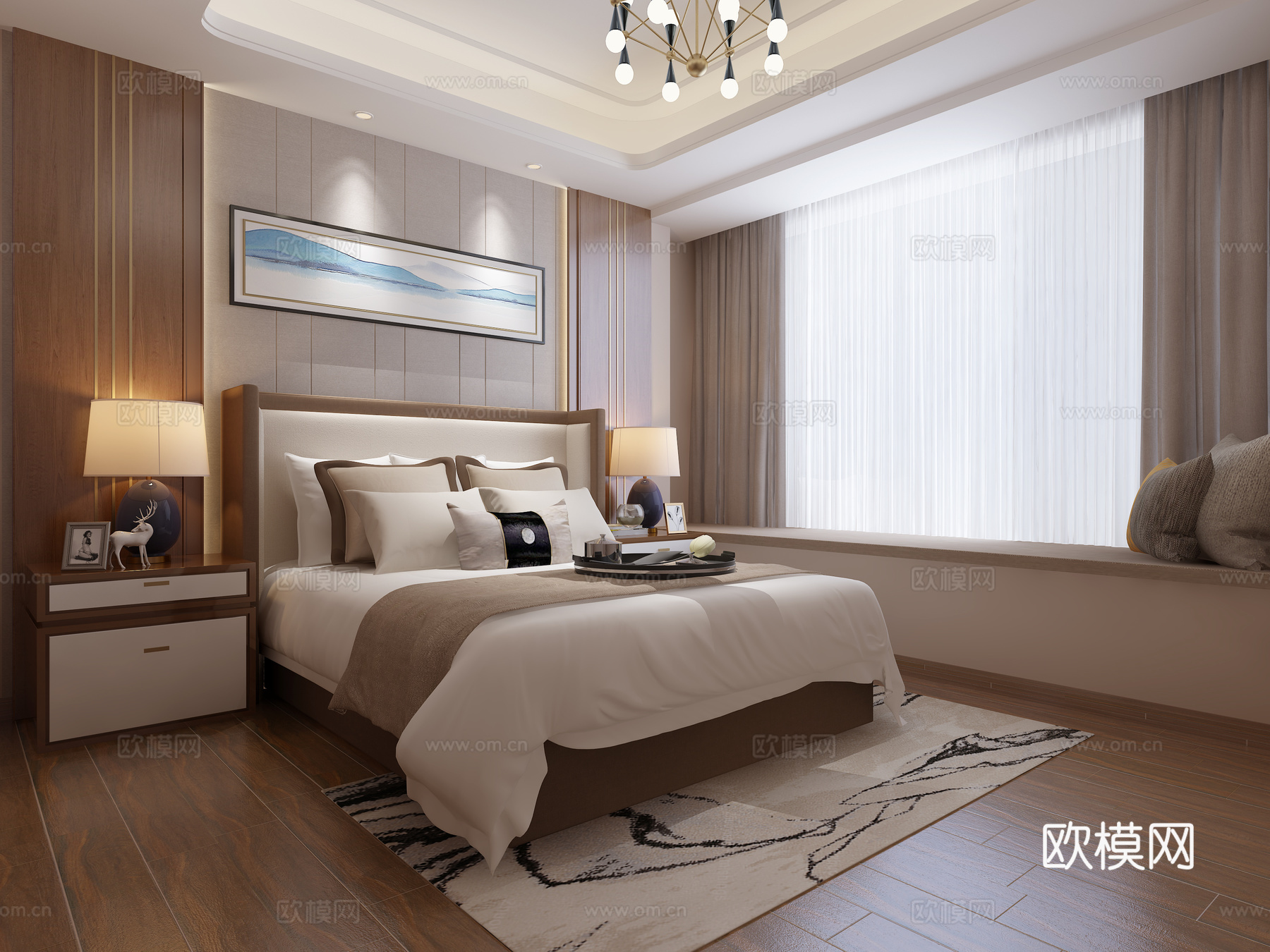 现代中式 台灯 双人床 抱枕 挂画 床头灯3d模型下载（渲染图2）