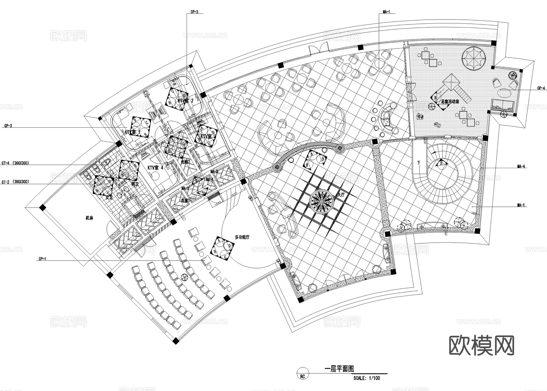 私人会所平面图 棋牌室 KTV包厢 台球室乒乓球室 CADcad施工图