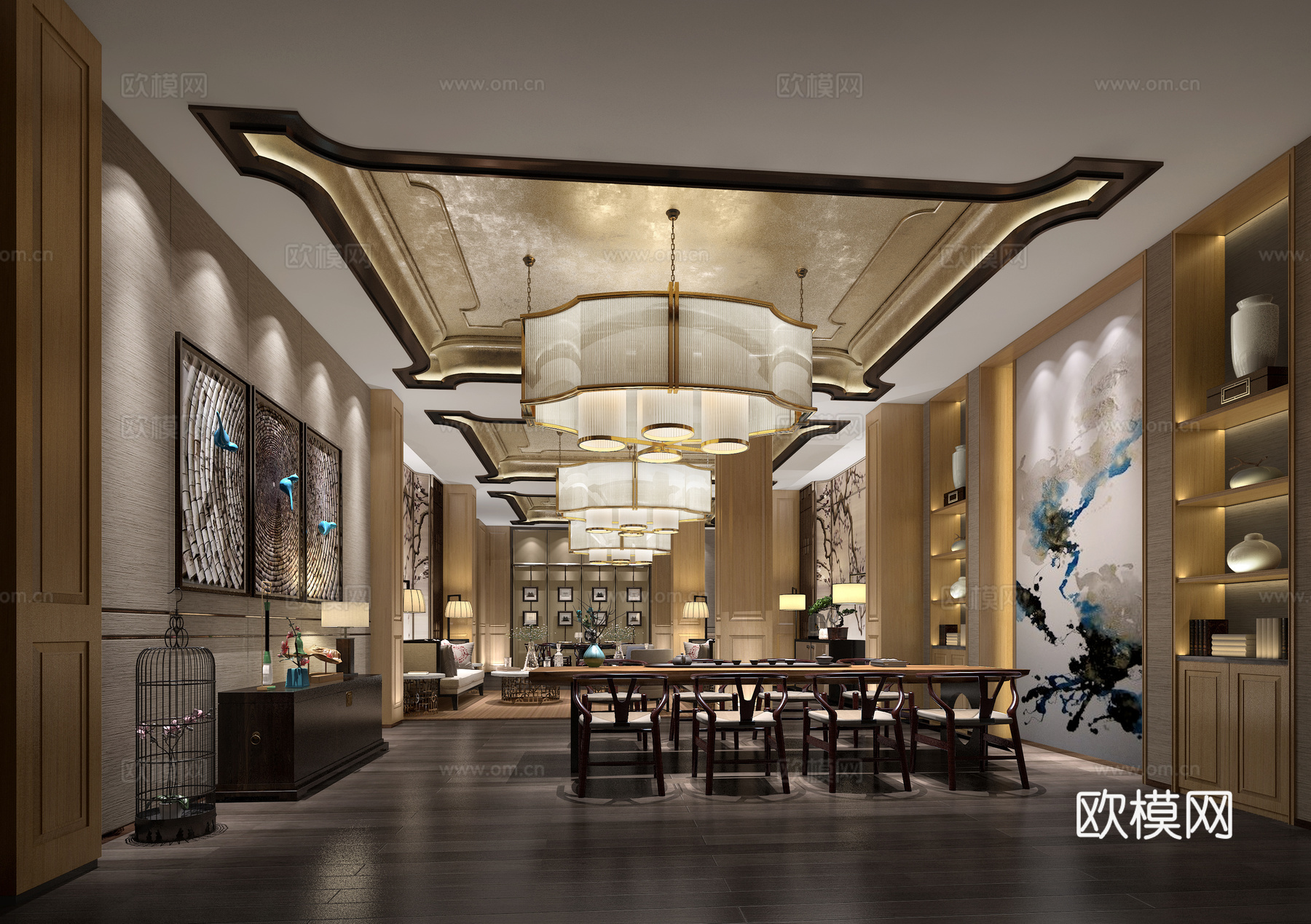 新中式接待区茶室3d模型下载（渲染图2）