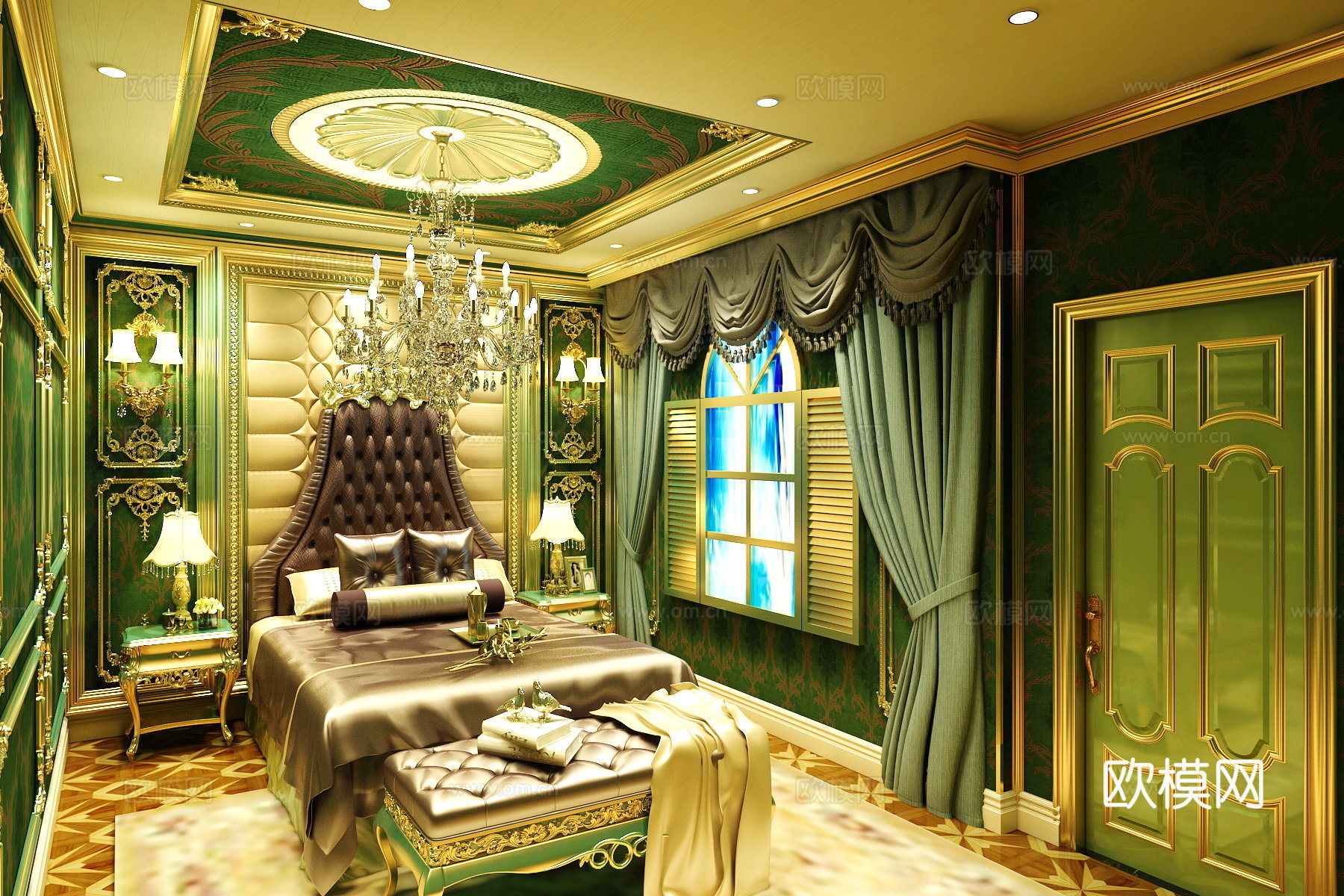 经典欧式卧室 吊灯 壁灯 台灯 双人床 床尾凳 窗帘3d模型下载（渲染图1）