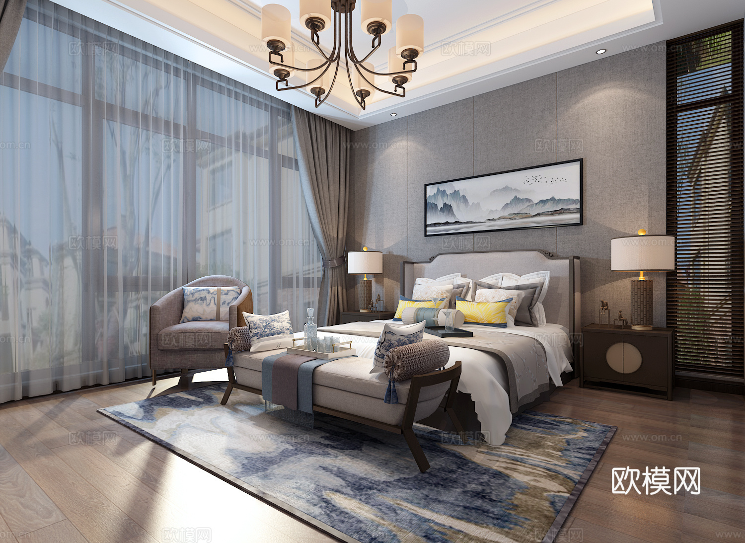 新中式卧室 吊灯 双人床 台灯 衣柜 床尾凳 单人沙发3d模型下载（渲染图1）