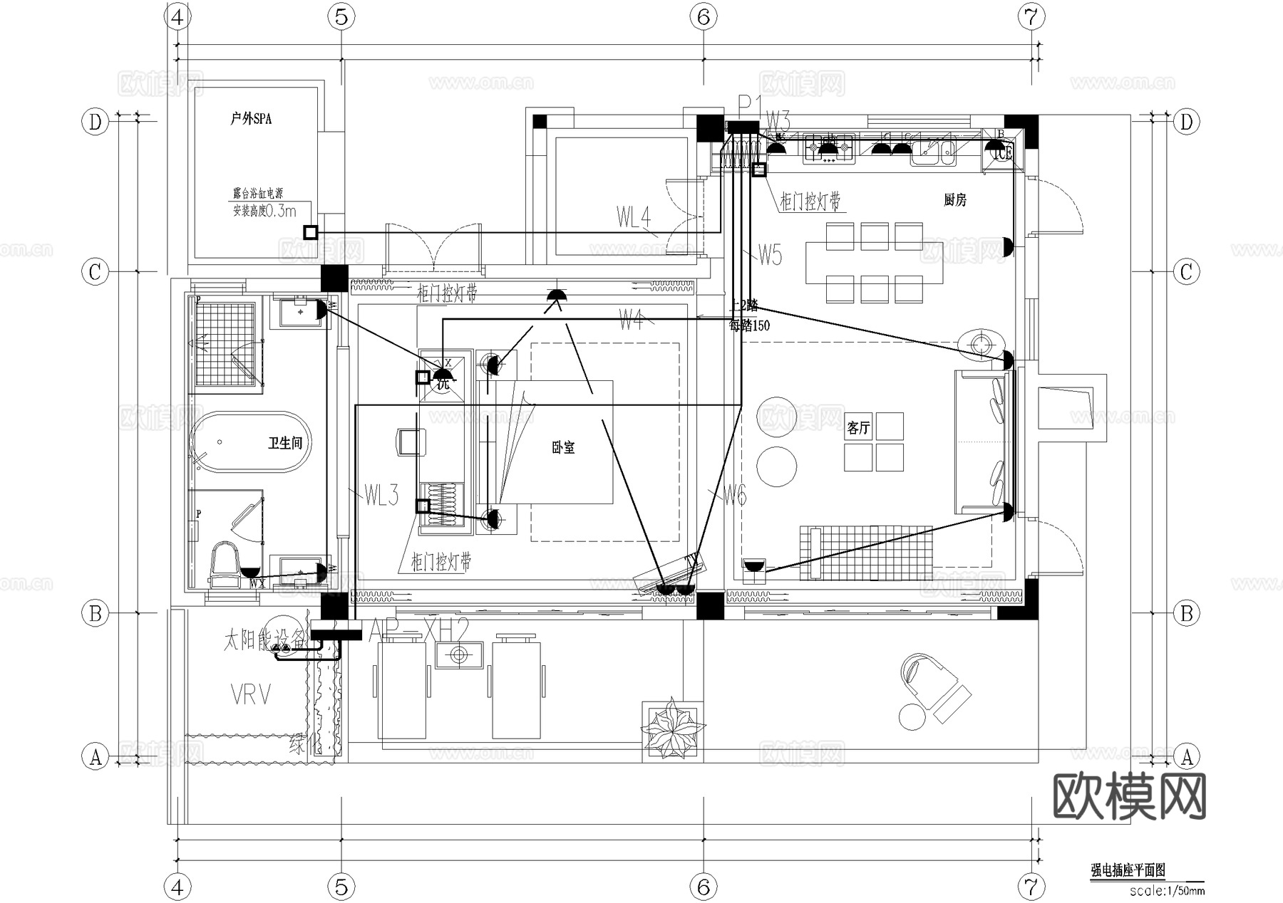 别墅家装电气图弱电图强电图系统图照明空调电源插座CADcad施工图下载（渲染图1）